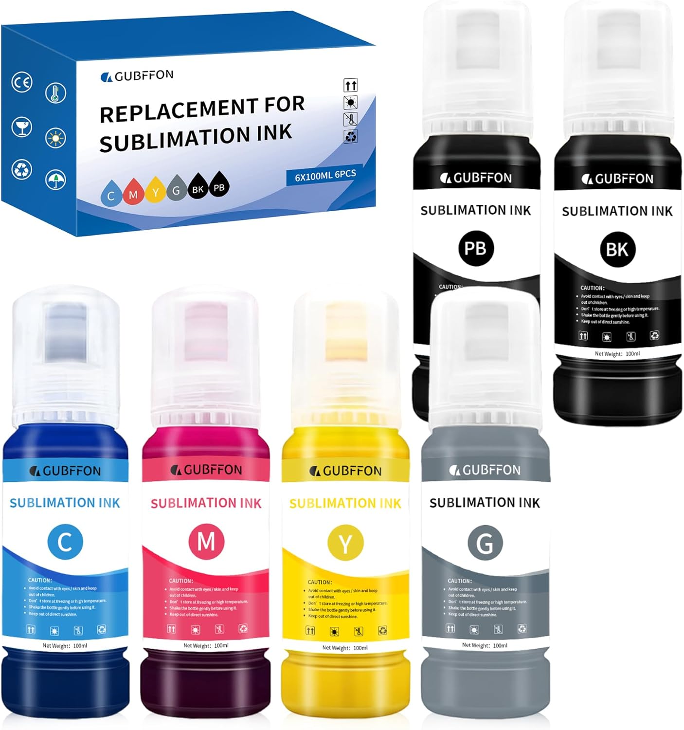 Sublimation Ink for Ecotank ET-8550 ET-8500 Wide Format Supertank Printers Heat Press Transfer on T-Shirt Tumblers(6x100ml BK PB C M Y GY) Auto-Fill ICC-Free