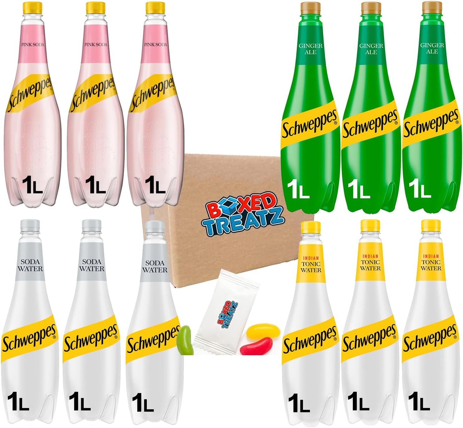 Canada Dry Ginger Ale 3 X 1L, Tonic Water 3 X 1L, Soda Water 3 X 1L & Pink Soda 3 X 1L (12 X 1L) Boxed Treatz