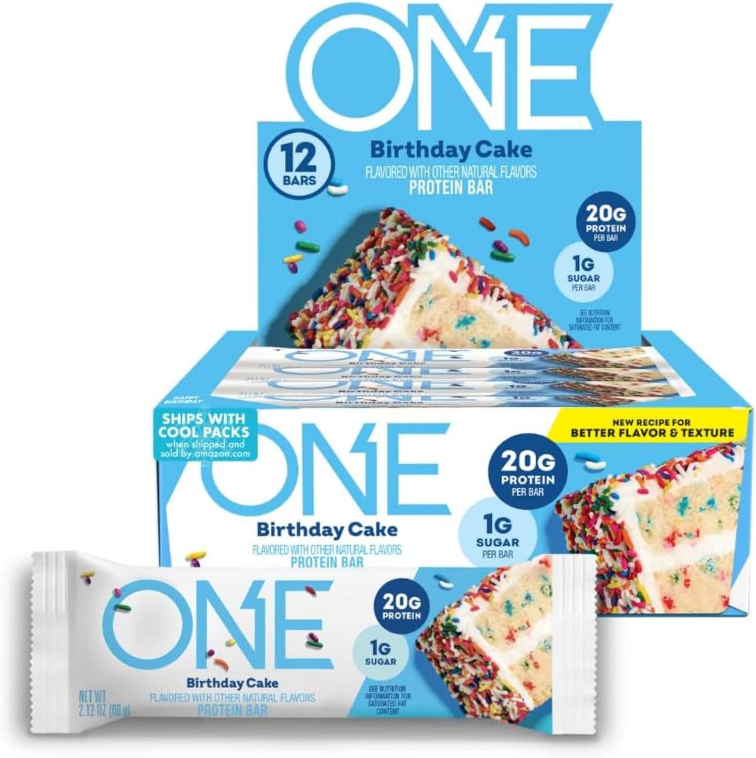 ONE Protein Bars, Birthday Cake, Gluten Free with 20g Protein and 1g Sugar, Pantry Staples, 2.12 oz (12 Count)