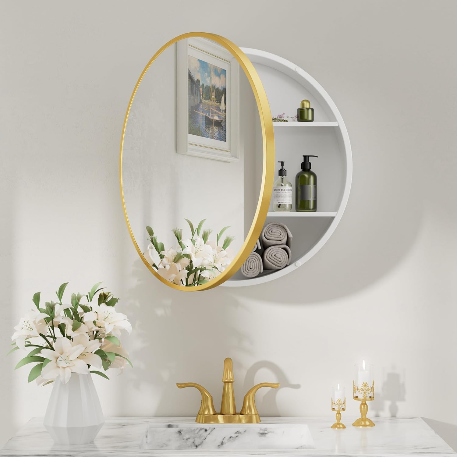 Keonjinn 20x20 Inch Round Gold Medicine Cabinet Mirror for Bathroom, Gold Surface Mount Medicine Cabinet with Mirror, Circular Framed Mirrored Medicine Cabinets, Modern Cabinet with Vanity Mirrors
