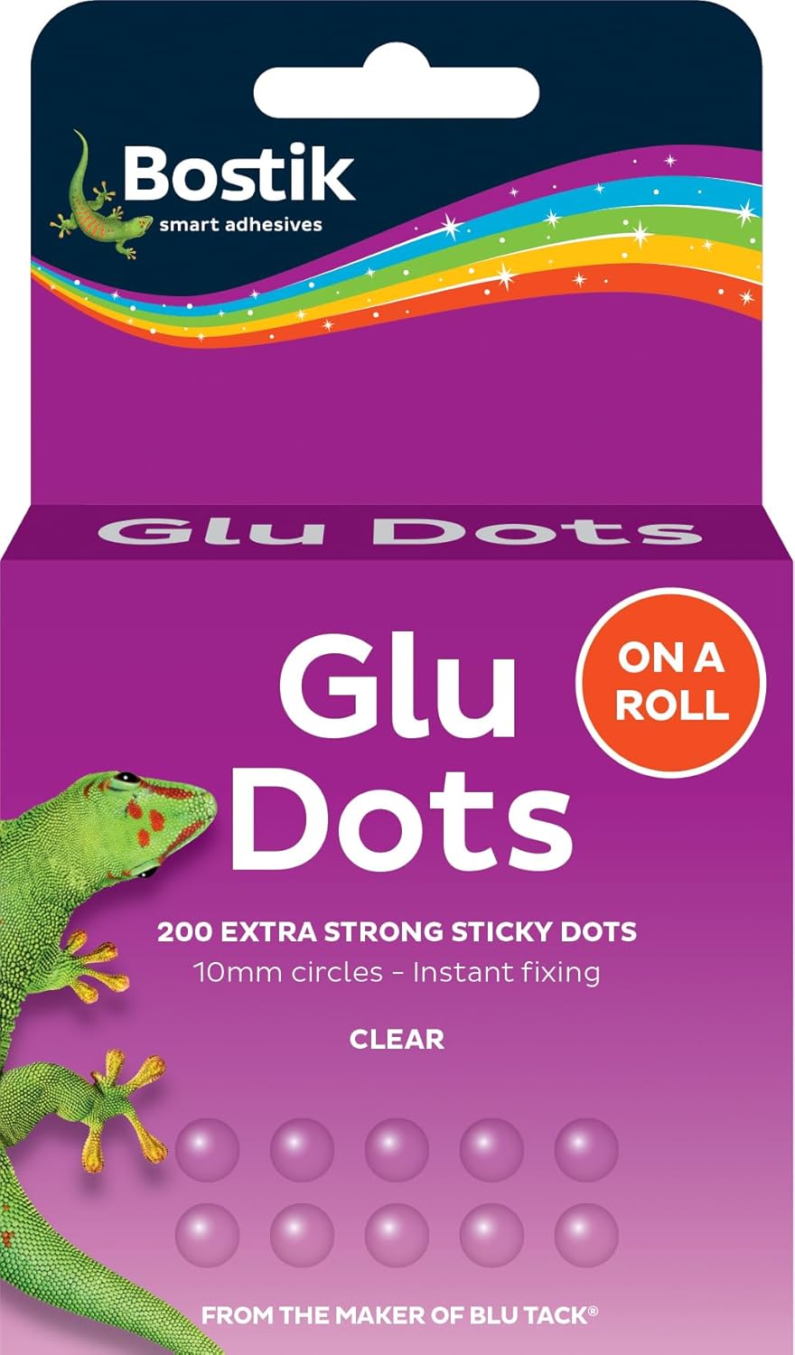 Bostik Glu Dots on a Roll Clear - x 200 Glue Dots - Extra Strong - Double-Sided - For Instant Fixing & Crafts - Easy to Use - No Mess