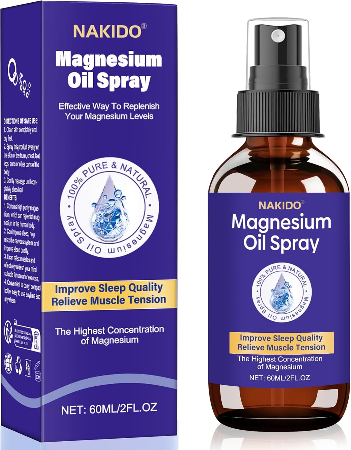 Magnesium Spray – 100% Pure & Natural Dead Sea Magnesium Chloride – Helps Relieve Muscle Soreness & Promote Better Sleep – Perfect for Bedtime or After Workouts 2.0 FL OZ