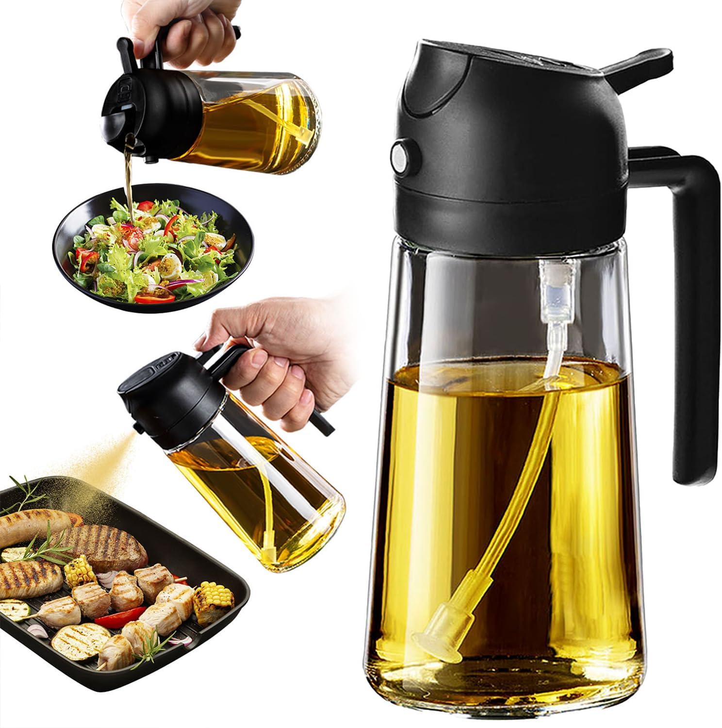 TrendPlain 16oz Olive Oil Spray Bottle - 2 in 1 Olive Oil Dispenser Bottle for Kitchen Accessories - Kitchen Gadgets, For Air Fryer - Black