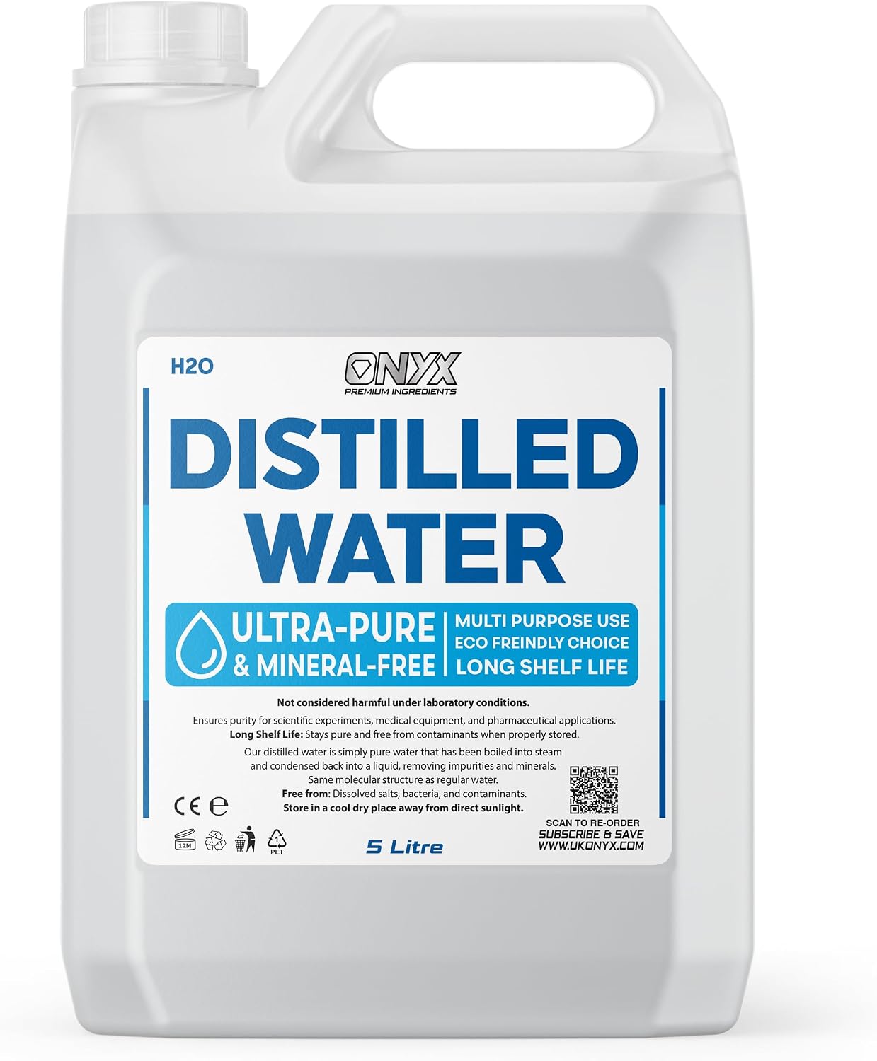ONYX Distilled Water 5L - 100% Ultra Pure Water - For Labs, Irons, Humidifiers, Cleaning, Engines and more - Distilled in UK 5 Litre (5000ml)