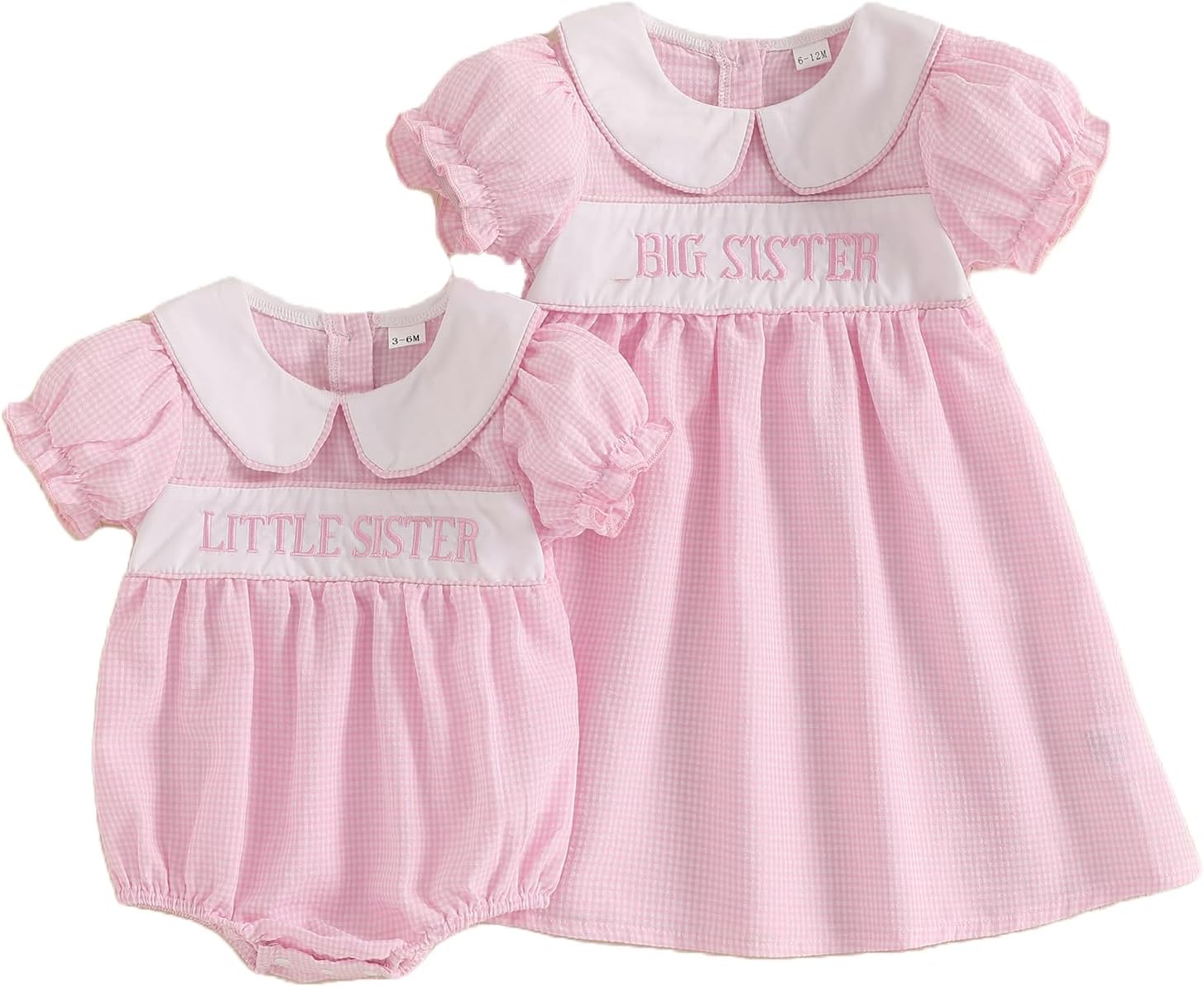 Geagodelia Baby Girls Little Sister Big Sister Matching Outfits Newborn Baby and Toddler Peter Pan Collar Short Puff Sleeve Matching Summer Dresses Gingham Baby Grow