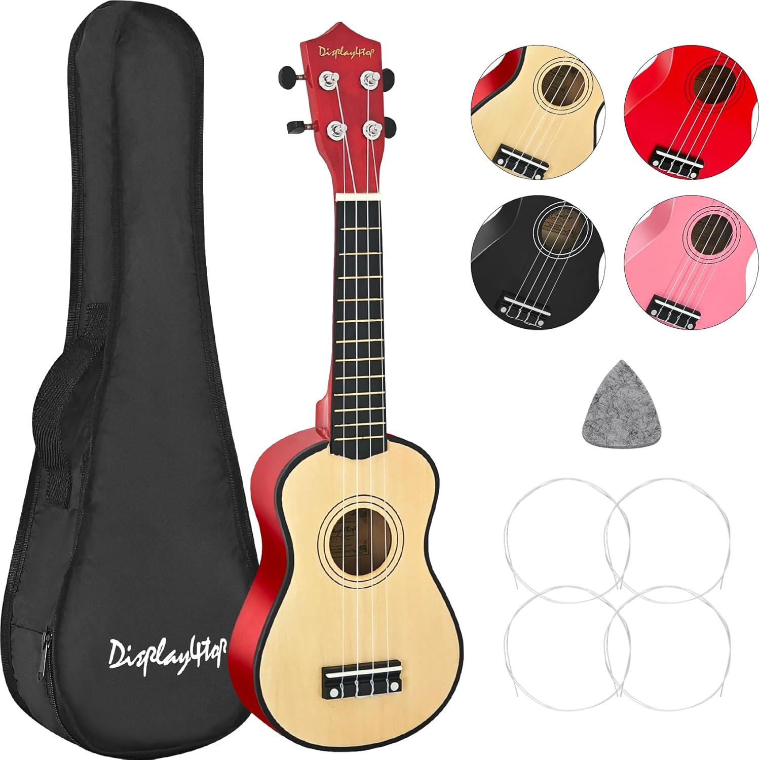 Display4top 21 Inch Soprano Ukulele,Professonial Ukele for Kids Bundle with Gig Bag, Picks,Extra Strings (Natural)