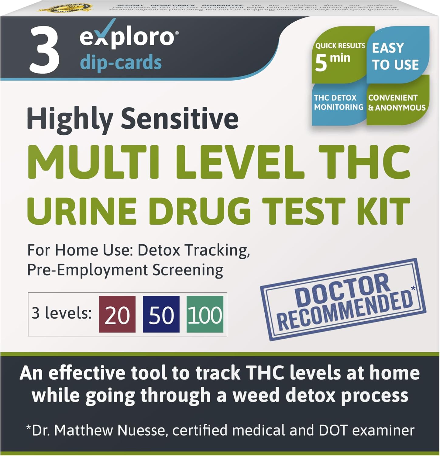 Exploro Multilevel THC Tests for Home - Marijuana Test Kit Home with 3 Level THC Drug Test Panels, Includes 20 ng/ml, 50 ng/ml, 100 ng/ml THC Test Strips, Accurate at Home THC Testing (Pack of 3)