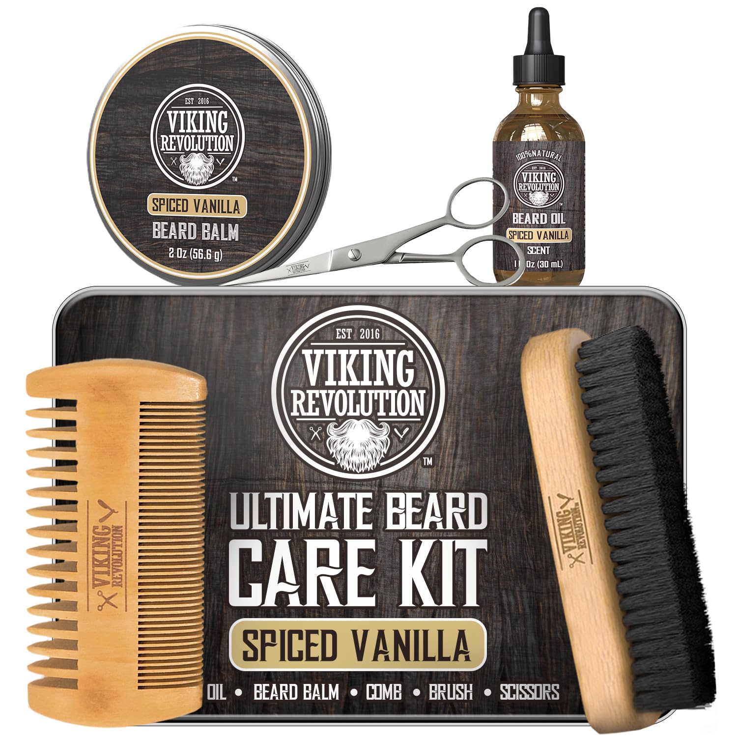 Viking Revolution - Ultimate Beard Kit Spiced Vanilla - Beard Grooming Kit for Men with Beard Brush, Beard Comb, Beard Balm, Beard Oil, Beard and Moustache Scissors - Husband Gifts for Men