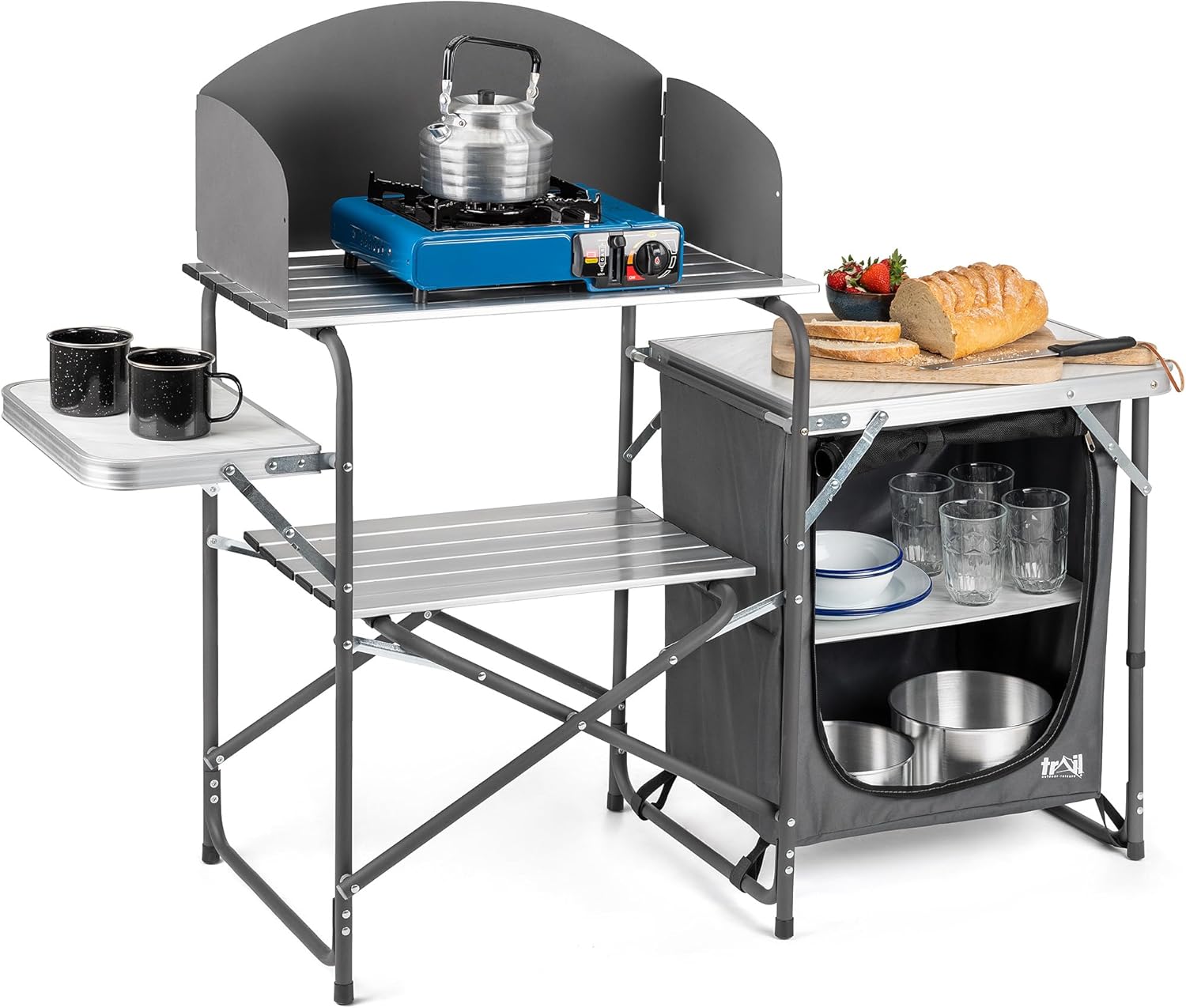 Trail Outdoor Leisure Camping Kitchen Stand With Windshield, Folding Aluminium Cooking Station, Cupboard with 2 Storage Shelves, Carry Bag Included
