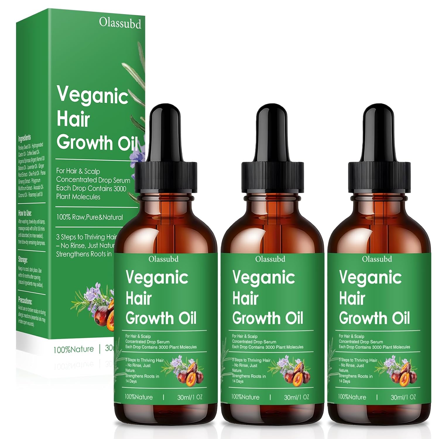 Hair Growth Oil with Rosemary Castor Oil Vegan Strengthening Formula for Thinning Hair Regrowth Treatment in Natural Vegan Hair Serum to Nourish Scalp Stimulate Follicles - 3PCS for Man and Women