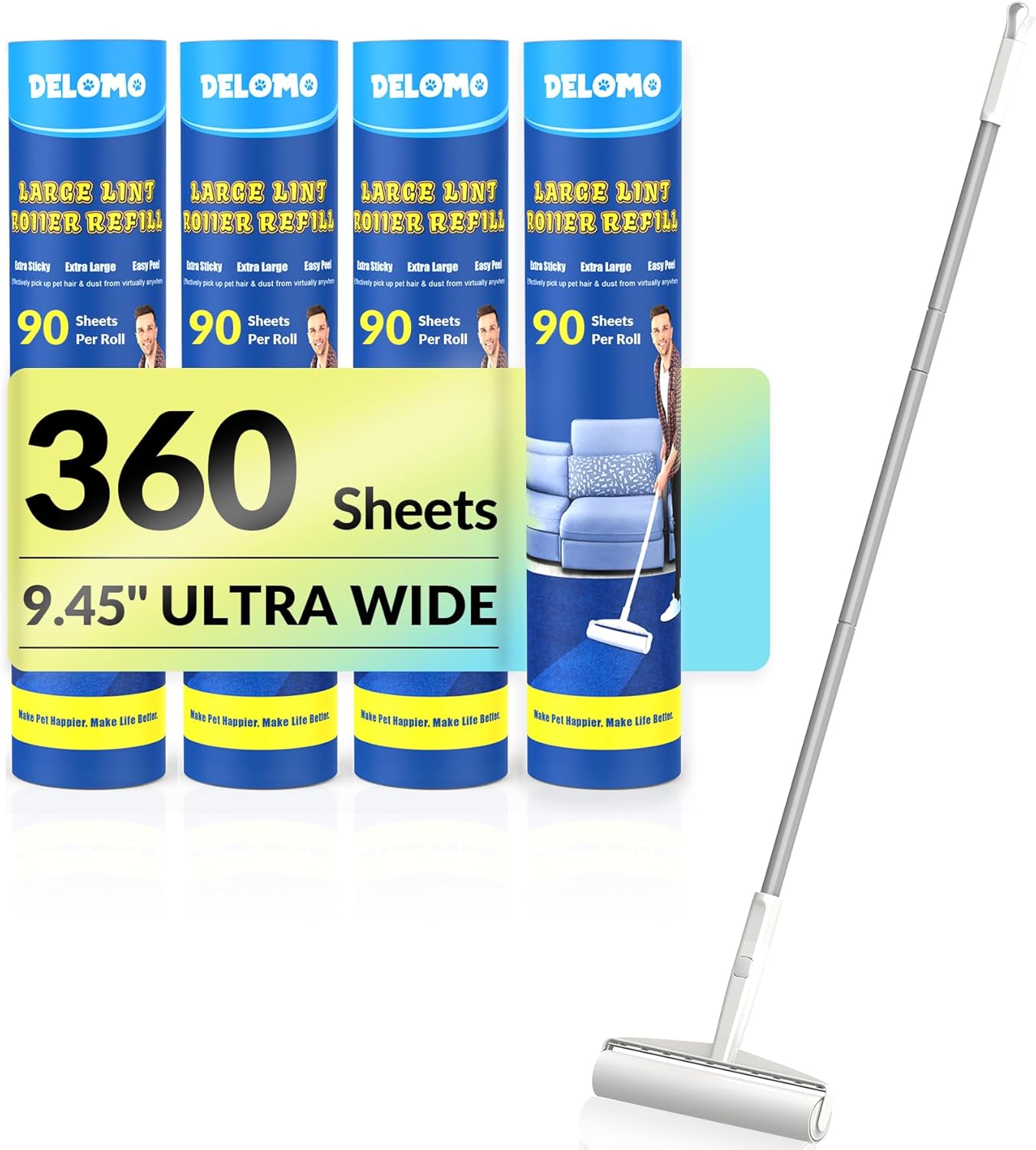 Large Lint Roller - 9.45 in Giant Lint Roller Refill 360 Sheets Total, 45 in Telescopic Pole to Clean Without Bending Down, Sticky Rollers for Floor Cleaning Carpets, Cars, Clothing, Pet Hair