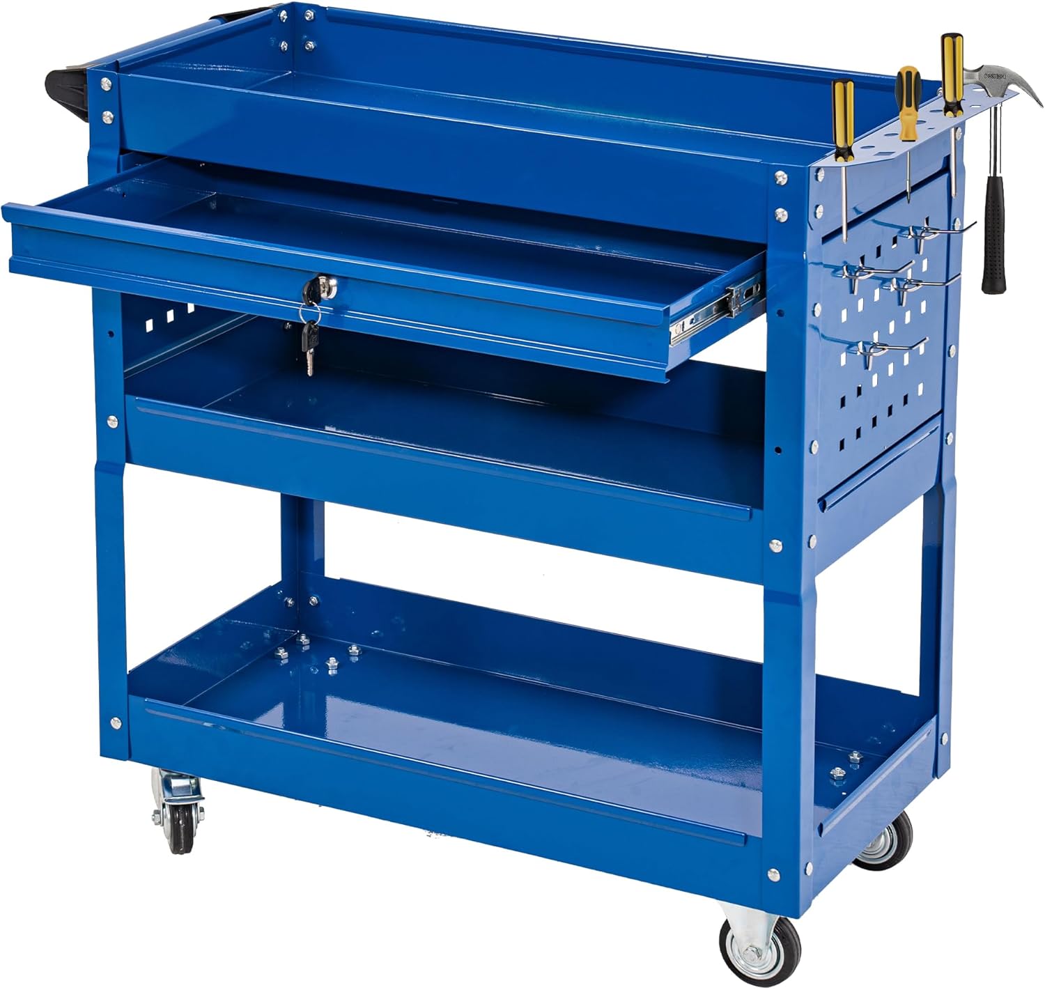 SUN & SUMMER 3-Tier Rolling Tool Cart with Wheels, Rolling Tool Chest 330 LBS Capacity Heavy Duty Utility Industrial Service Cart with Locking System Drawer for Garage, Warehouse, Repair Shop (Blue)