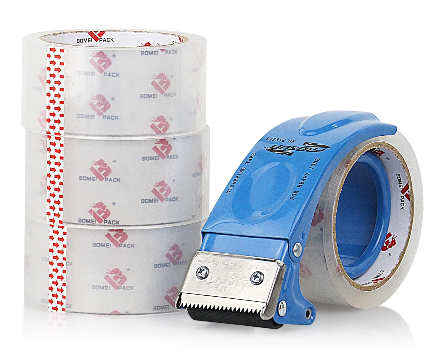 BOMEI PACK Heavy Duty Packing Tape with Dispenser Crystal Super Clear, 2.3 mil, 1.88 inch x 55 Yards, Refill for Industrial Shipping Box Packaging Tape for Moving, Office, & Storage, 4 Rolls