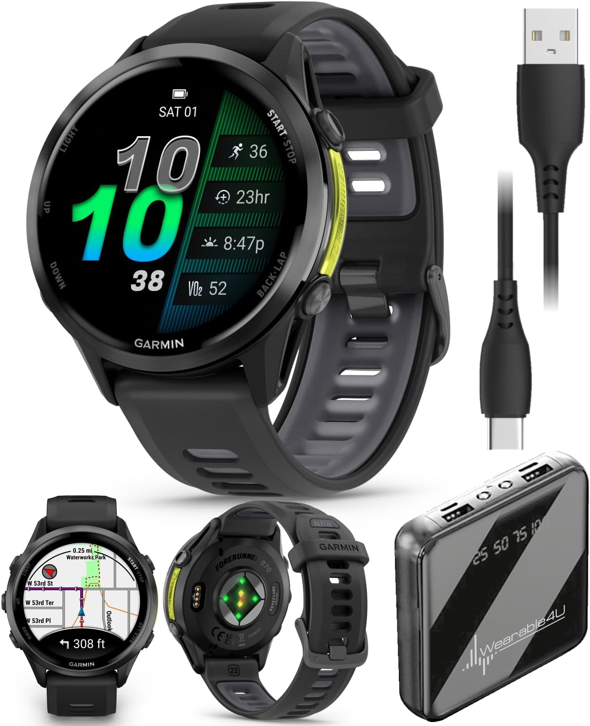 Wearable4U Garmin Forerunner 970 Carbon Gray DLC Titanium Smartwatch with Black Case and Black/Translucent Whitestone Band, AMOLED Display Power Bank Bundle