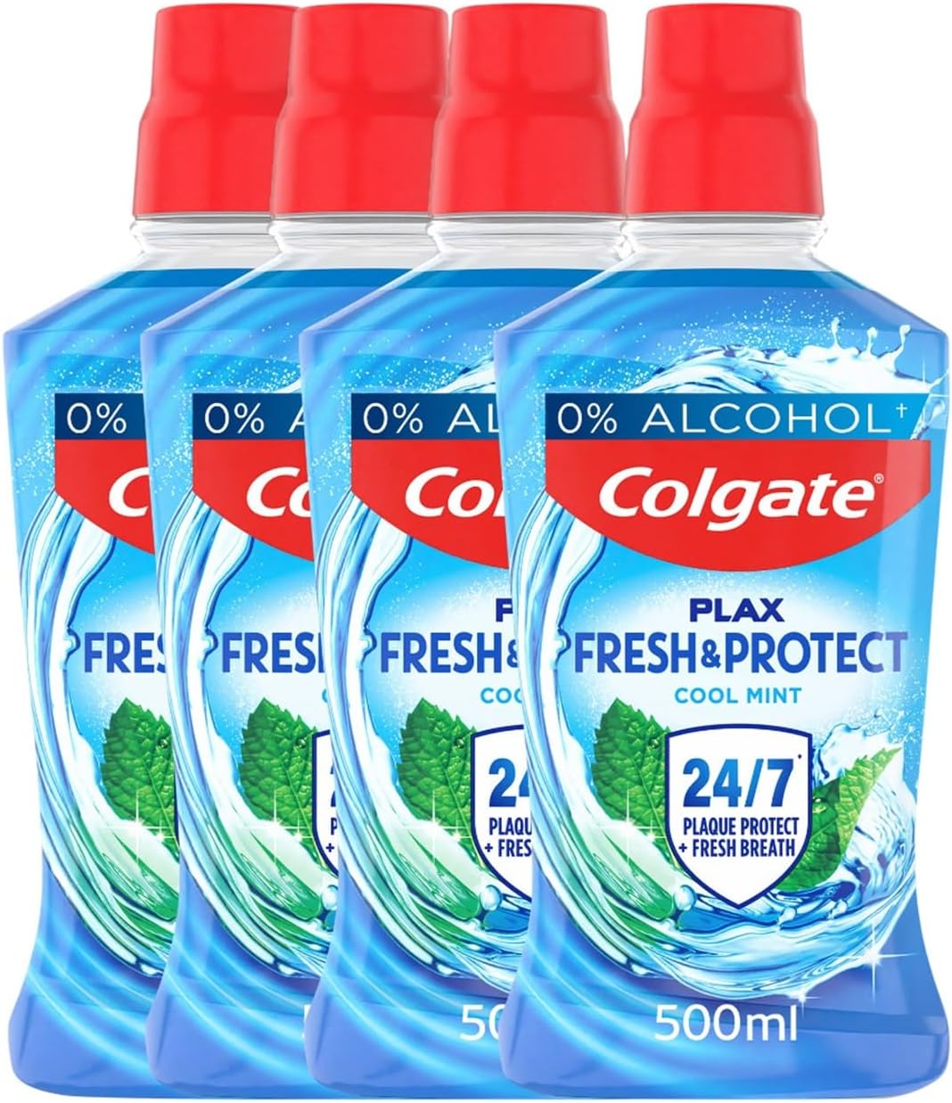 Colgate Plax Mouthwash, Cool Mint Mouthwash with 24/7* Plaque Protection, Alcohol Free Mouthwash** with Fluoride, Vegan Mouthwash, Multipack, 4 Pack, 500ml Bottles