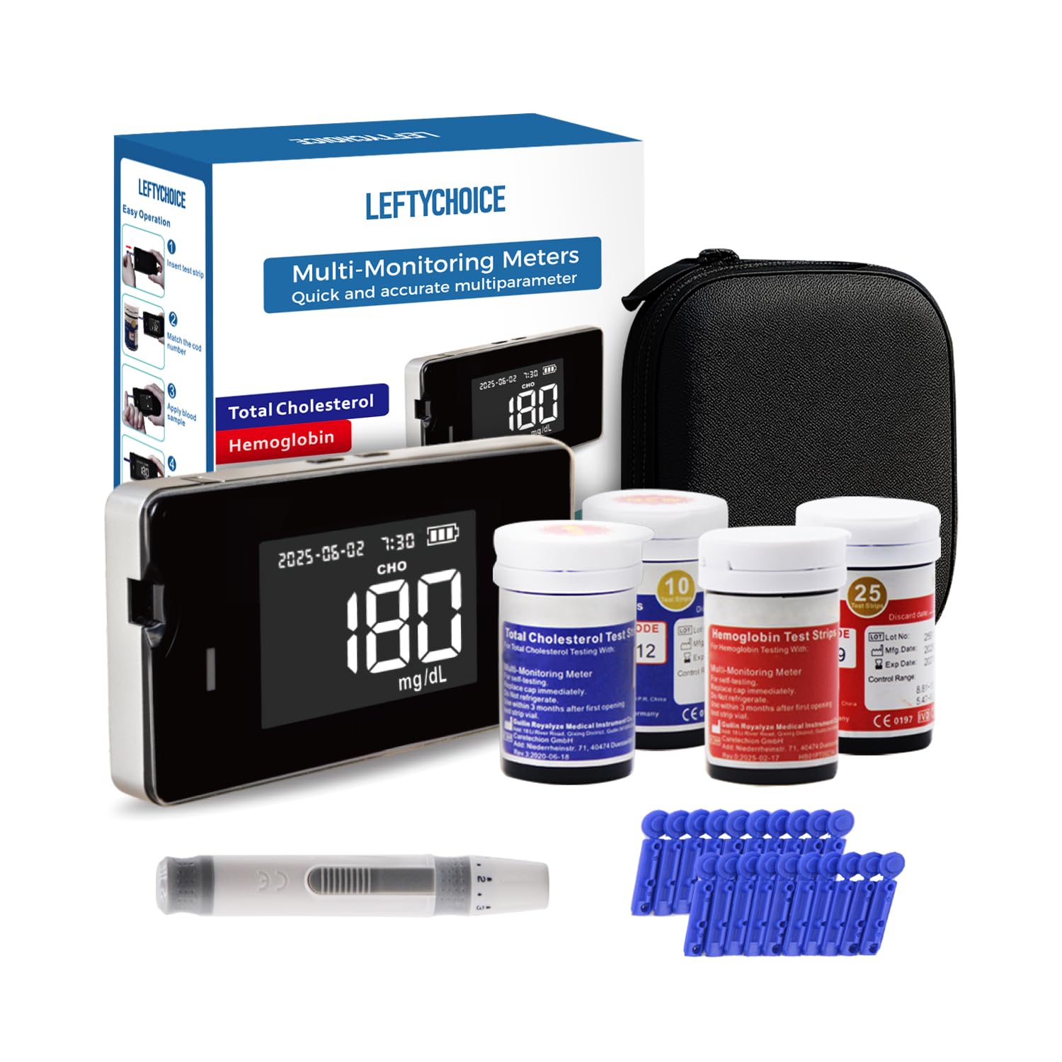 LCLBM-01 2 in 1 Total Cholesterol and Hemoglobin Testing Kit Meter Quick Results Monitor At Home Blood Test for Iron Levels Anemia with 50 Hemoglobin and 20 Total Cholesterol Test Strips Lancets