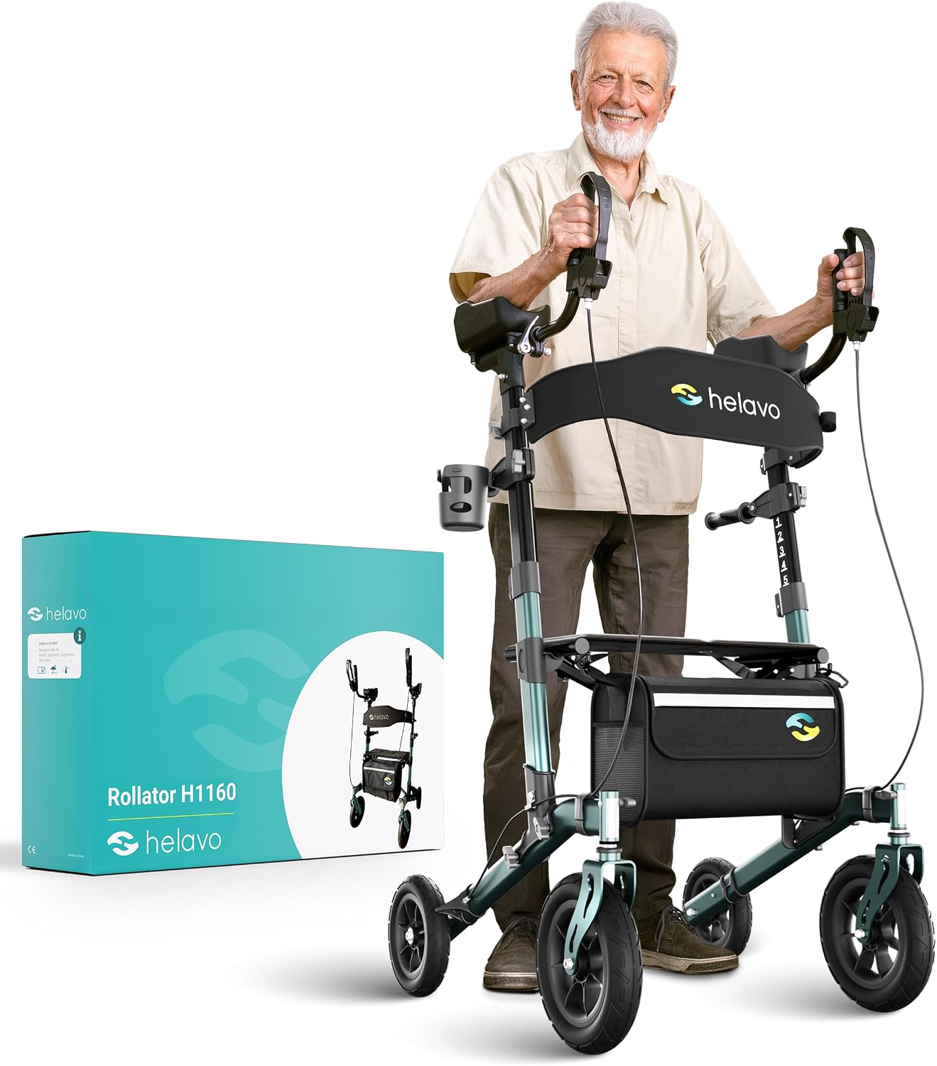 Helavo Upright Walker with Seat, Foldable Stand Up Walker with Rubber Tires