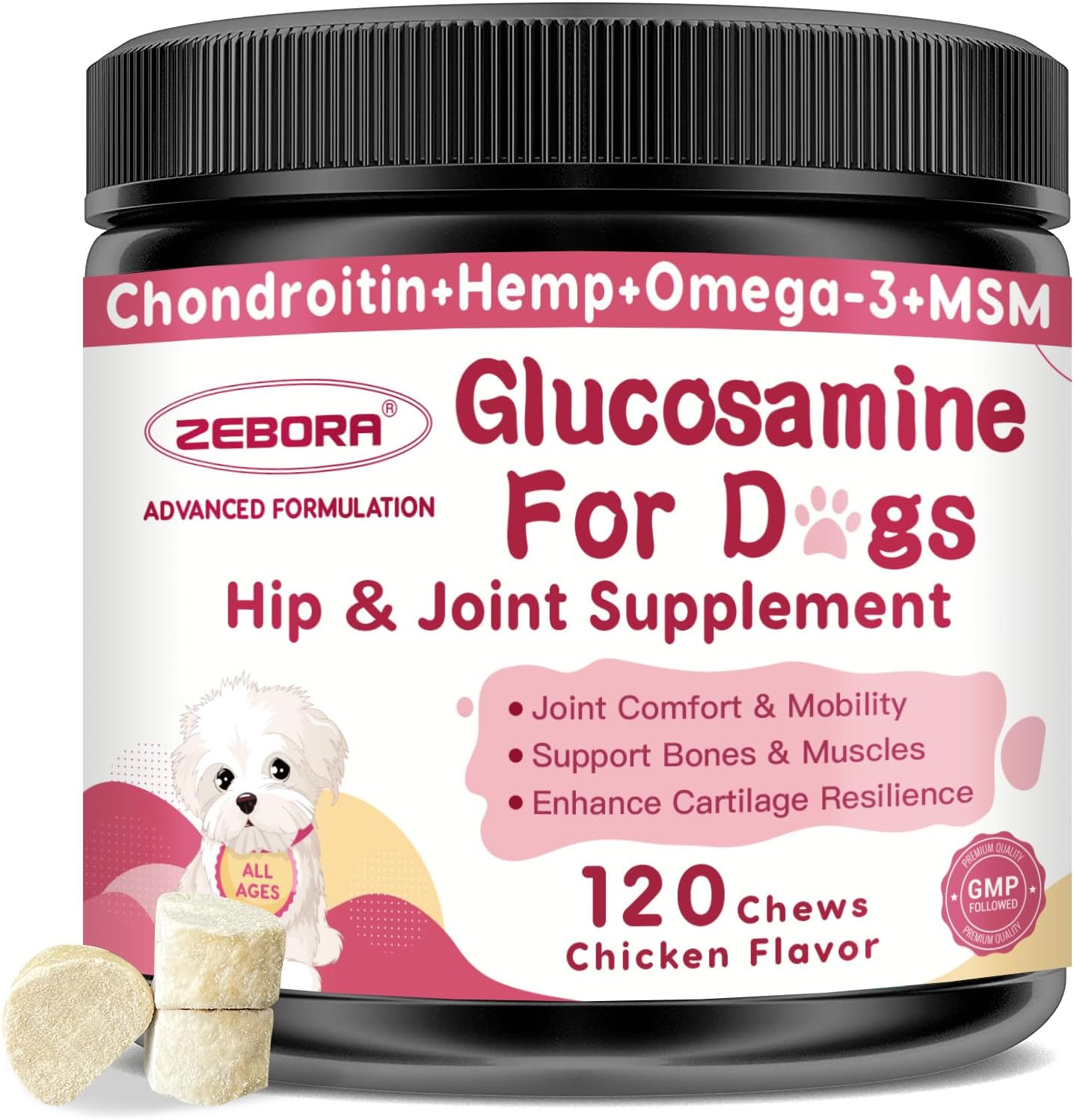 Glucosamine for Dogs, Joint Supplement for Dogs, Chondroitin, MSM, Hemp, Turmeric, Omega 3 for Pain Relief & Skin Health, Dog Hip and Joint Supplement with Calcium Support Bones Health - 120 Chews