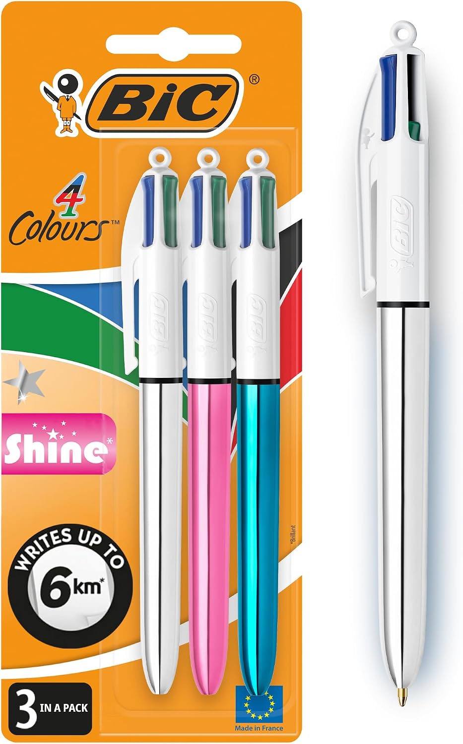 BIC 4 Colours Pens Multicolour Shine - Assorted Metallic Barrel Retractable Ballpoint Pens - Pack of 3