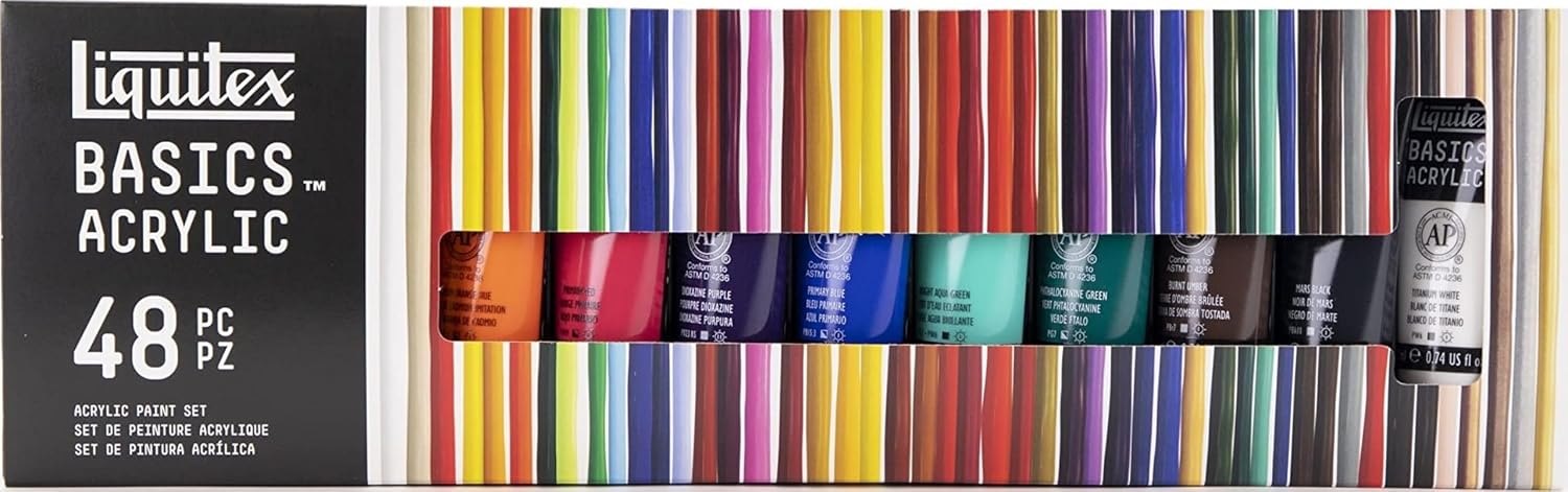 Liquitex BASICS Acrylic Paint Set, 48 x 22ml (0.74-oz) Tube Set | Medium Viscosity, Satin Finish, Lightfast, Fine Art Pigments, Range of Opacities, Easy Blending