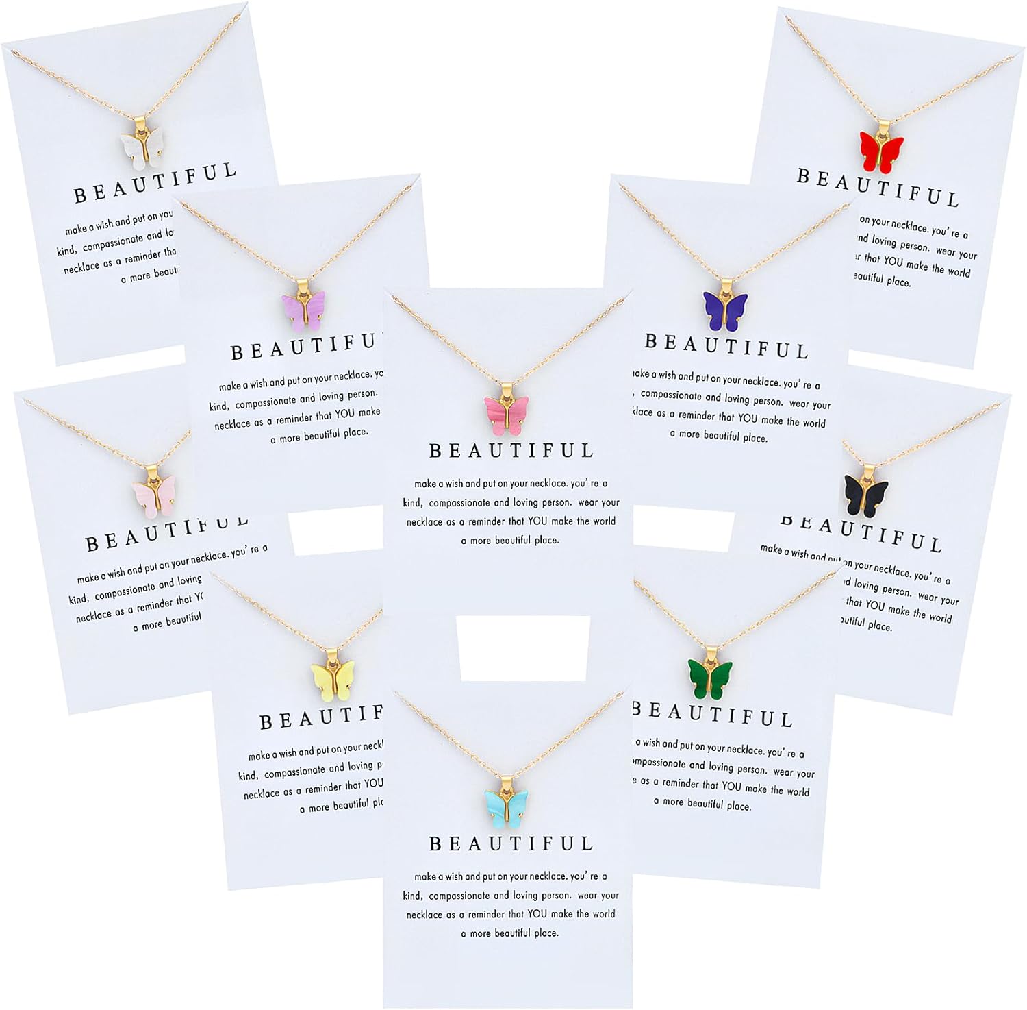 NEWITIN 10 Pieces Colorful Butterfly Pendant Necklace Set for Women Costume Jewelry Gold Plated Adjustable Necklaces Bohemian Dainty Acrylic Butterfly Chain Necklace Set for Women