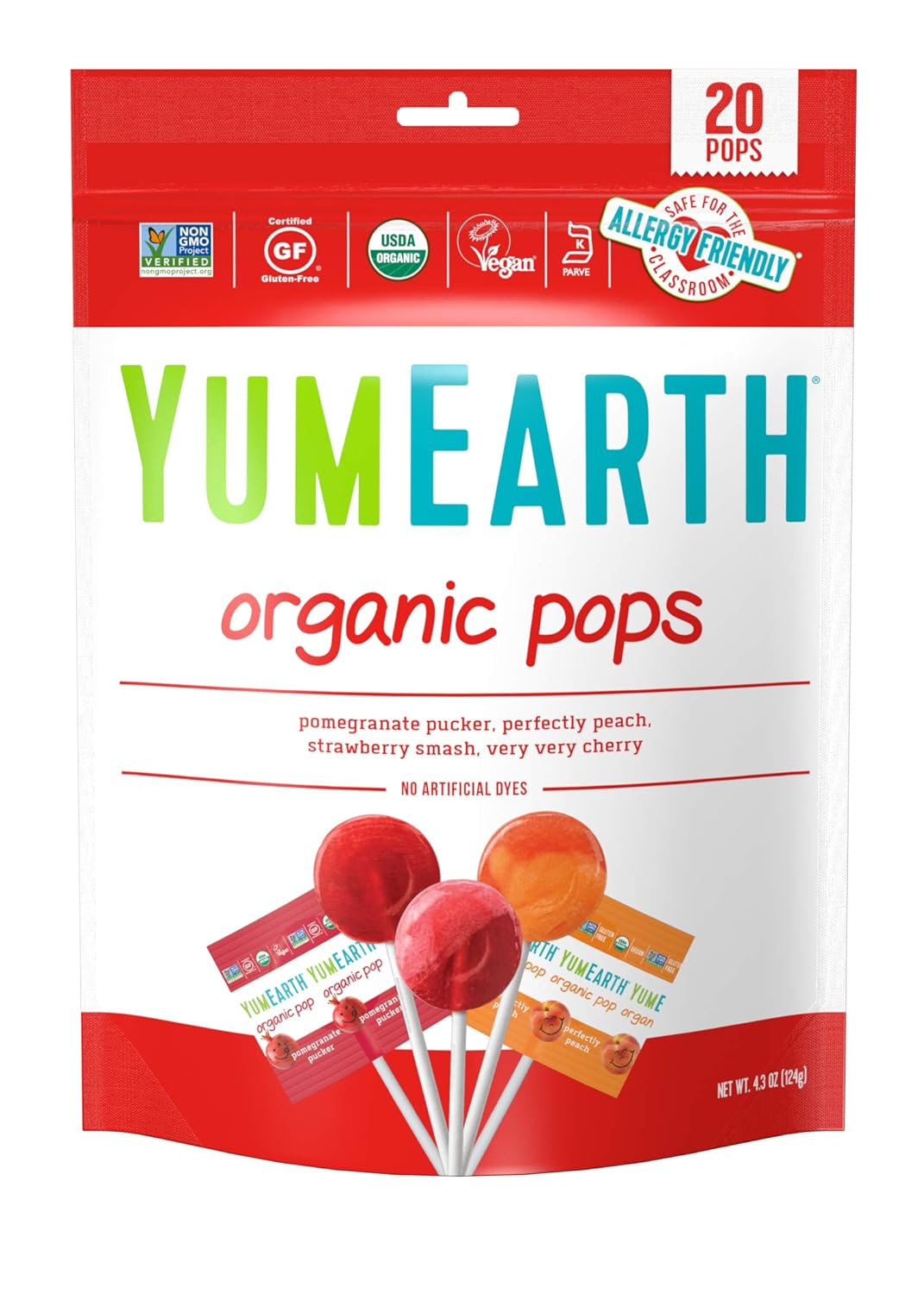 YumEarth Organic Lollipops, Assorted Flavors, 4.3 Ounce, 20 Lollipops - Allergy Friendly, Non GMO, Gluten Free, Vegan, (Packaging May Vary)