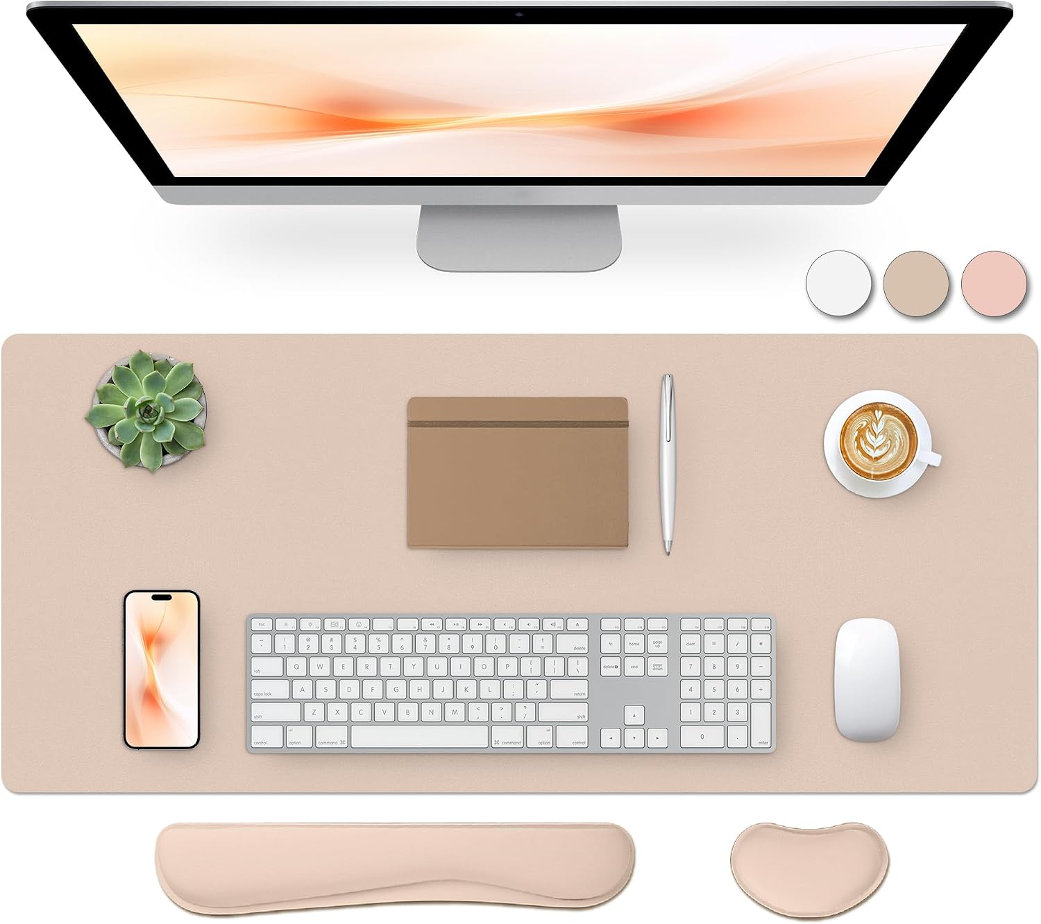 Bloss Leather Desk Pad and Keyboard Wrist Rest, Large Mouse Pad + Keyboard Pad+Mouse Wrist Support, Non-Slip Desk Mat Protector for Office, Home (35.4×15.7 Inches,Beige)