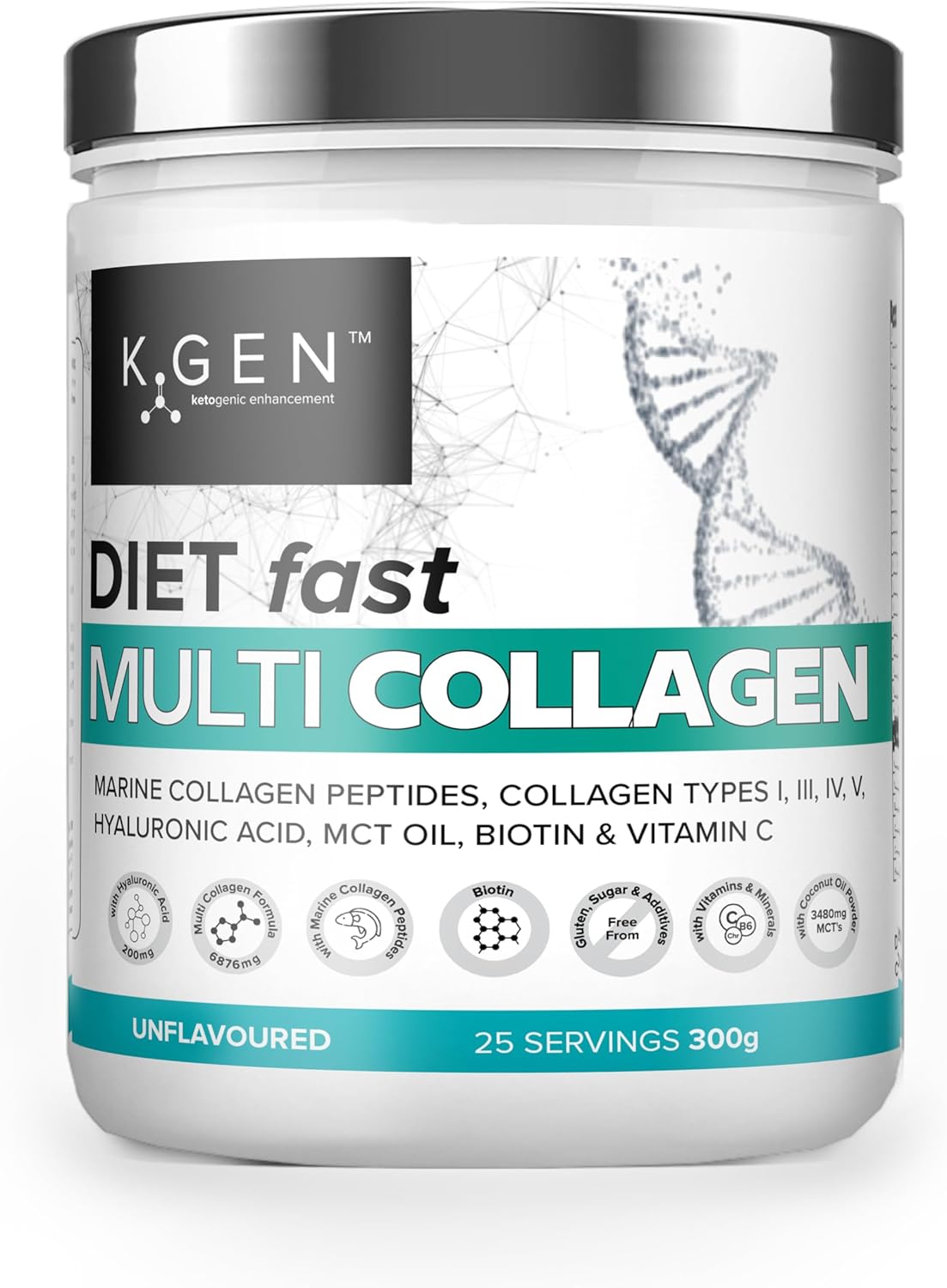 K-GEN Multi Collagen Peptides Powder Hydrolyzed Grass Fed Bovine, Wild Caught Marine | Advanced Diet Collagen Types I, III, IV & V Hyaluronic Acid, MCT & Vitamin C