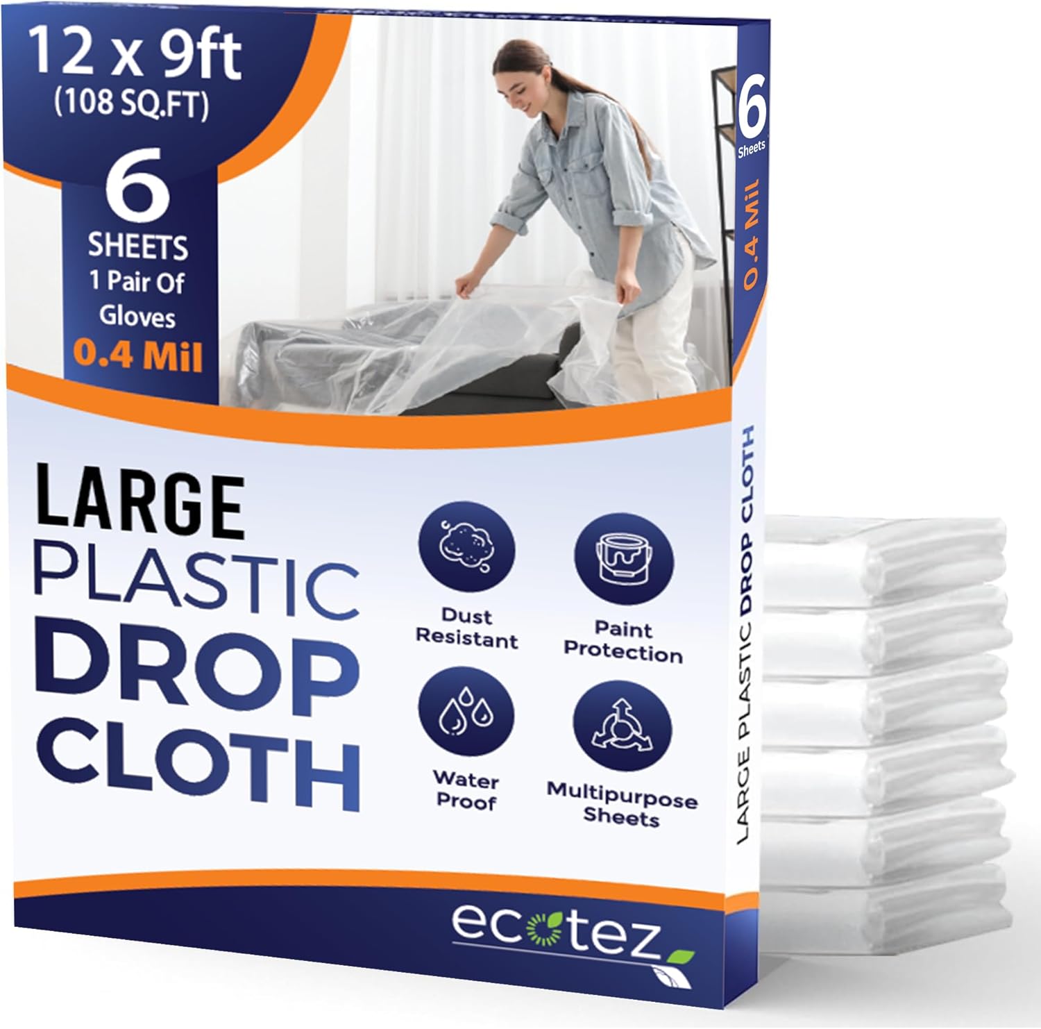 6 Pack 12 x 9 ft Extra Large Painter's Drop Cloth - Light & Durable Dust Cover - Clear Plastic Sheet - Paint Drop Cloth - Plastic Floor Protector