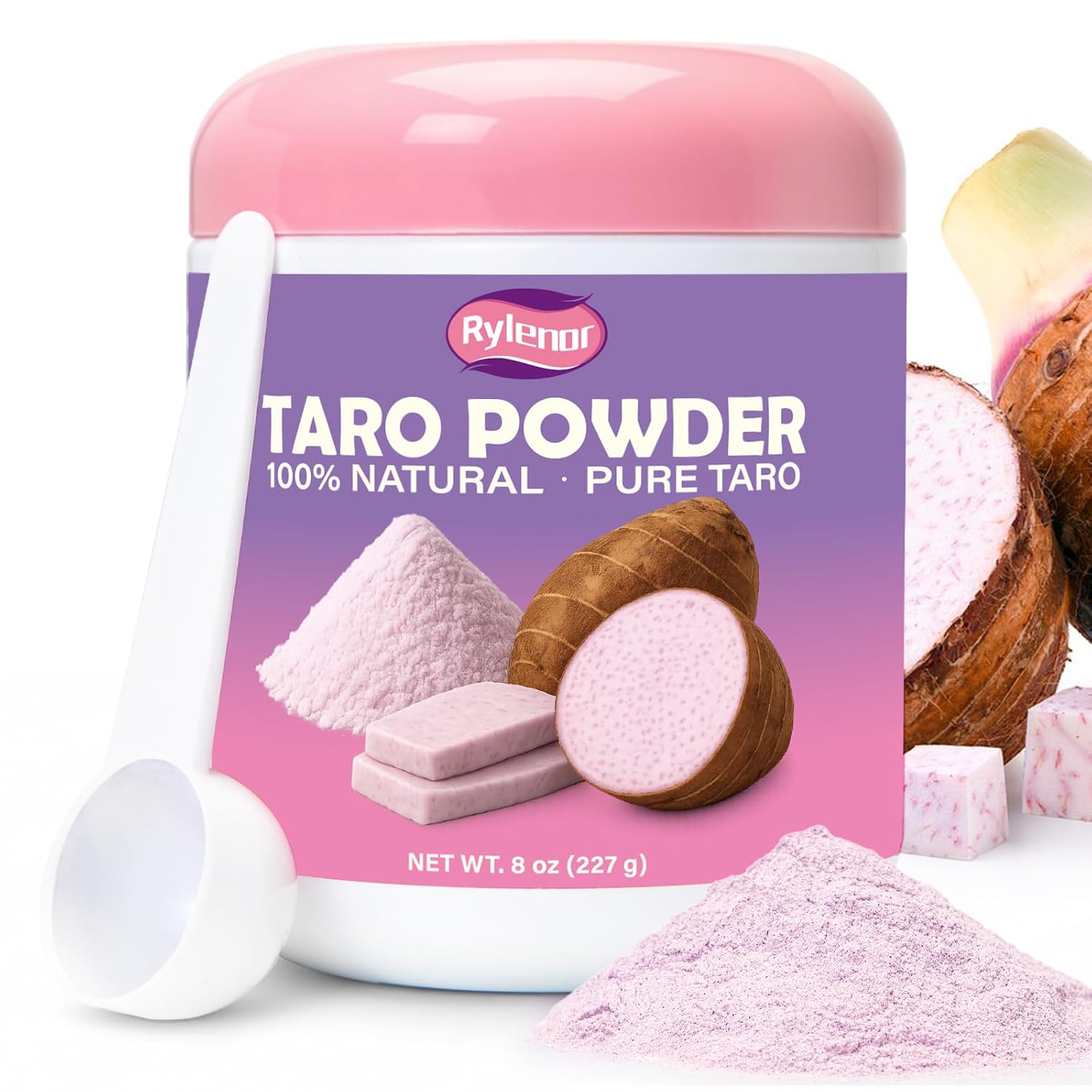 Rylenor 8oz Pure Taro Powder No Sugar Added for Boba Milk Tea & Smoothies | Taro root powder with scoop, easy to mix for bubble tea, smoothies, drinks, baking, pancakes, ice cream and dessert recipes