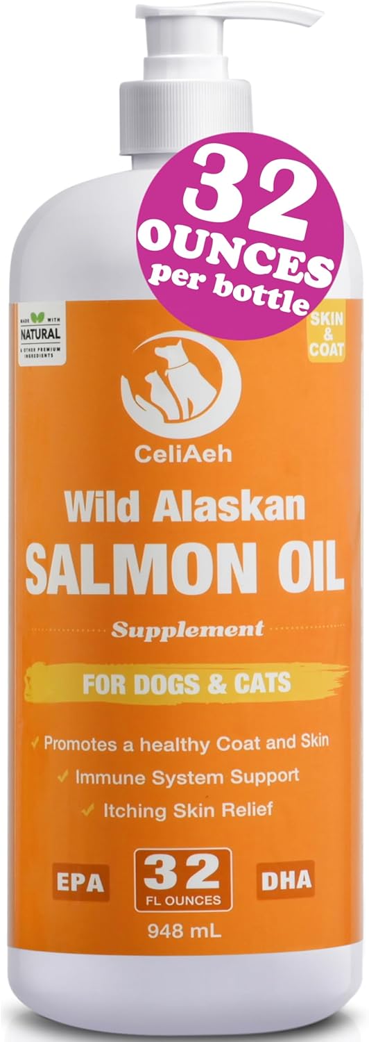 Wild Salmon Oil for Dogs & Cats 32oz Omega 3 Fish Oil Skin & Coat Supplement Pure Fish Omega 3 6 9 Liquid EPA DHA Fatty Acids - Itchy Relief Supports Joint Function, Brain, Eye, Immune & Heart Health