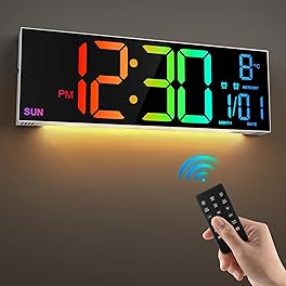 LEIKE 16.2'' Large Digital Wall Clock with Remote Control, Big LED/Dual Alarm/8 RGB Colors/Auto Brightness/Date/Auto DST/Temperature/Night Light Gym Clocks for Living Room Bedroom Office Wall Decor