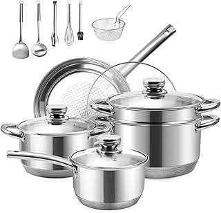 Stainless Steel Pots and Pans Set, 15-Piece Induction Cookware Set, Kitchen Cooking Pot and Pan Set, Non Toxic, Dishwasher ＆ Oven Safe, Compatible with All Stovetops - Gas, Electric, Induction