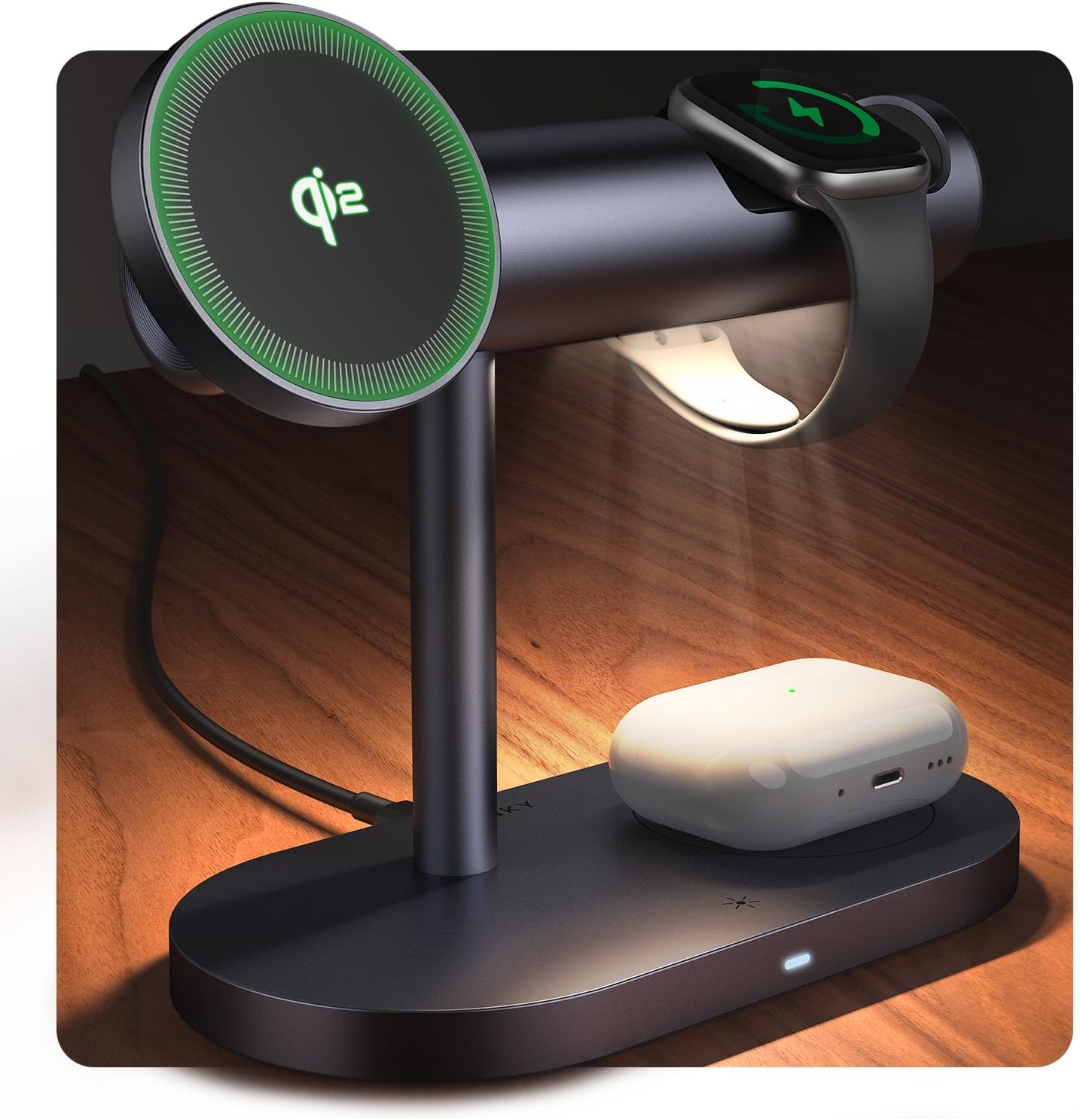 iVANKY Qi2 Certified 4 in 1 Wireless Charging Stand with Night Light for MagSafe Magnetic Charger Station, 3 in 1 Fast Charge Multiple Device for iPhone, Apple iWatch, Airpods（33W PD Charger Included)