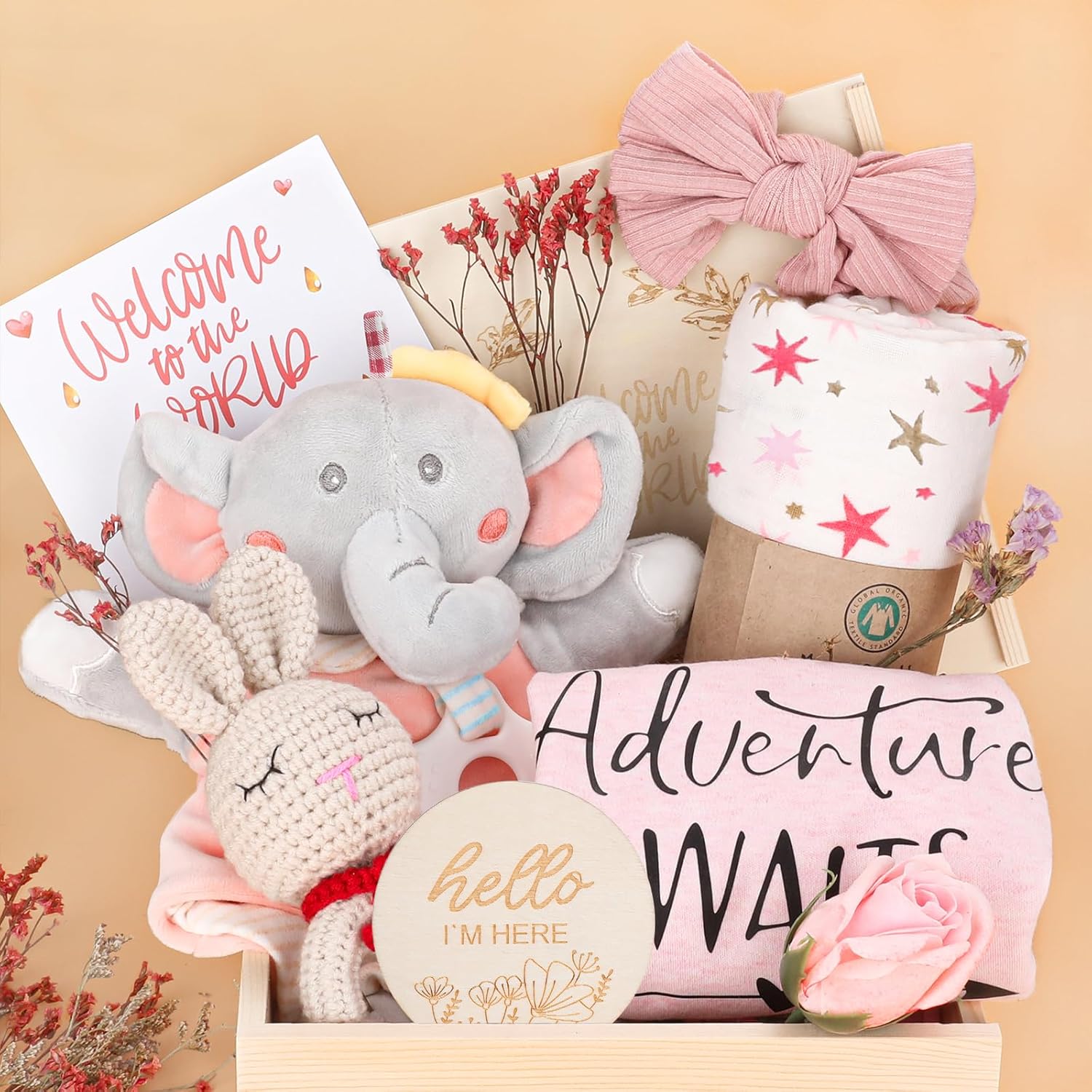 Baby Girl Gifts,Baby Shower Gifts for Girls,New Born Baby Girls Gift,Baby Girl Gift Basket,Unique Baby Gift Essential Stuff,Gender Reveal Gifts,Rattle Swaddle Blanket Baby Girl Gifts