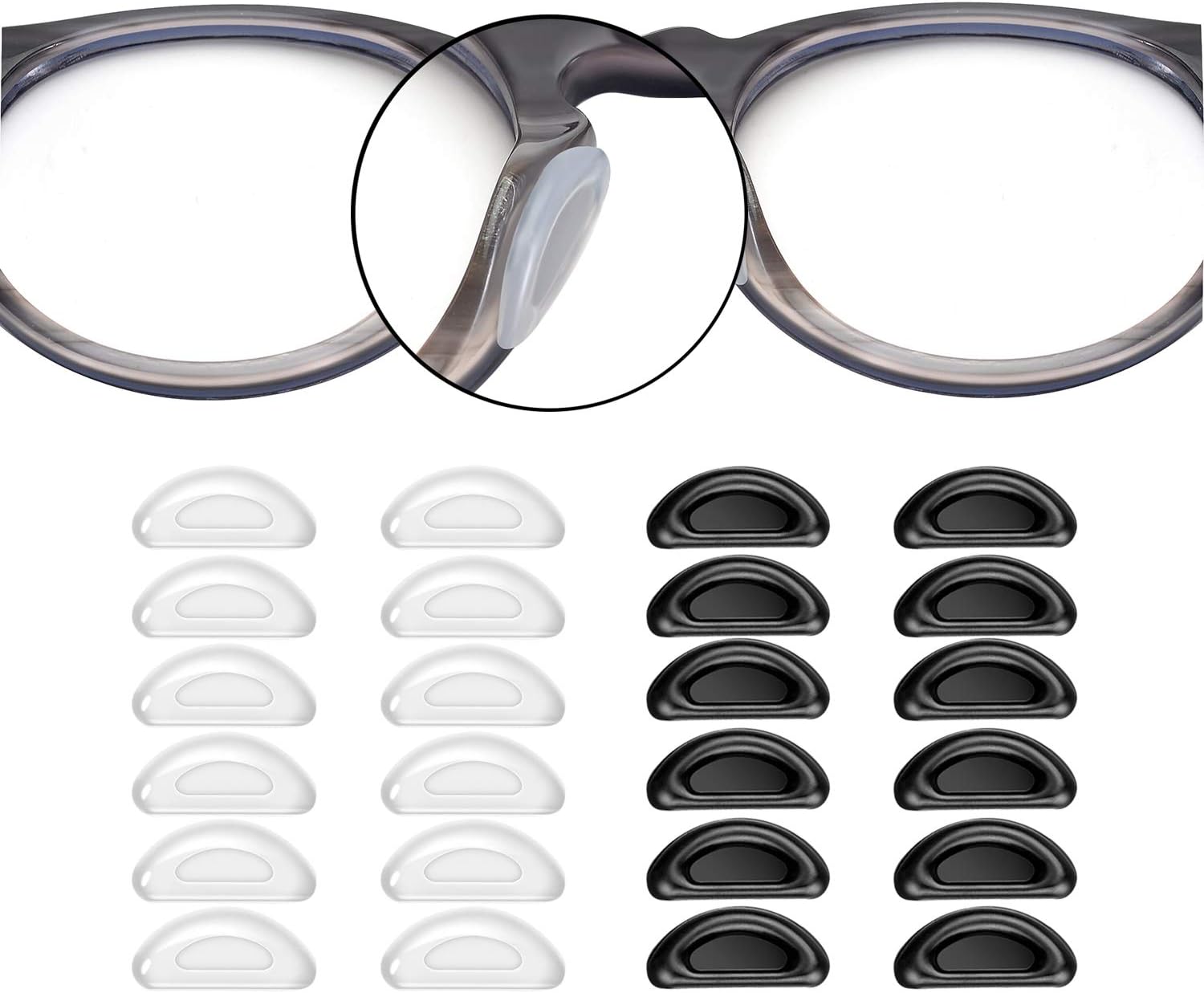 Adhesive Nose Pad, 12 Pairs Eyeglass Nose Pads Stick On Silicone Anti-Slip for Glasses Sunglasses Thin Nose Pads Eyeglasses (6-Black & 6-Clear)