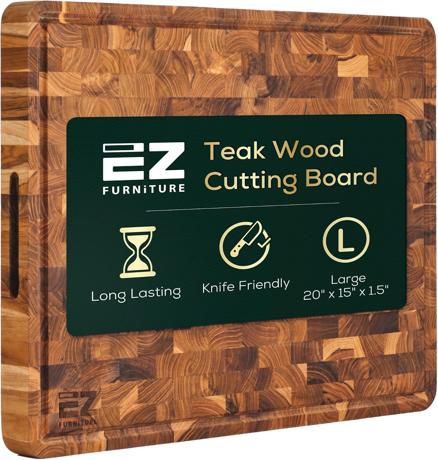 20" x 15" x 1.5" Teak Wood Cutting Board, End Grain with Juice Groove and Handles, Knife Friendly, Suitable for Chopping, Aesthetics for The Kitchen