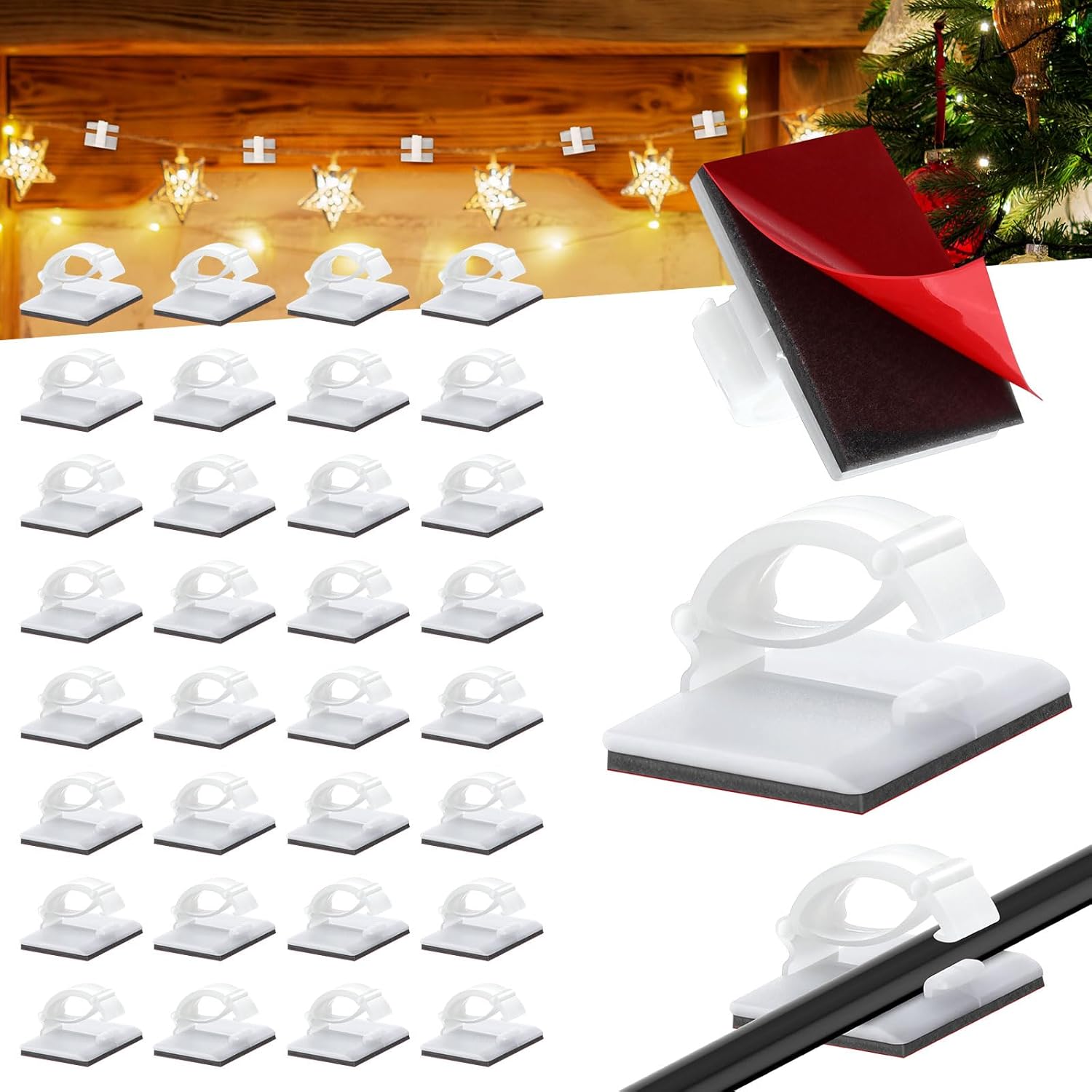 200 Pieces Christmas Light Hooks Self Adhesive Cable Clips Stick on Wire Clips Cord, Holiday Christmas Light Hooks for Christmas Hanging Light Home Decoration Outdoor Roof, Roof Ridge Line, Fence