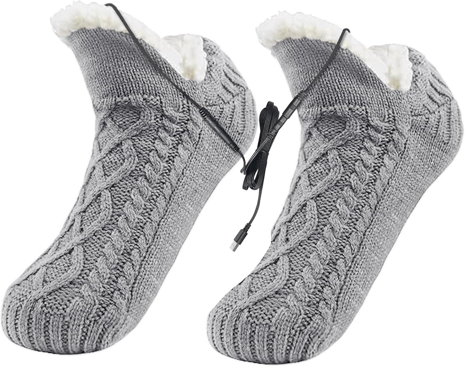 PURFUN Electric Heated Fleece Socks Slippers for Men Women, Winter USB Heating Pad Knitted Socks Foot Heater Anti-Slip Thermal Home Indoor Slippers Footwear Foot Warmer