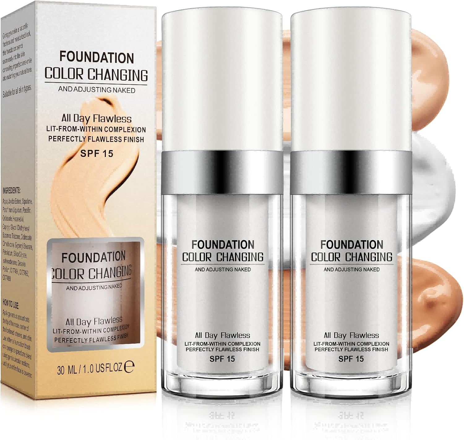 2 Pack Color Changing Foundation - Conceals Blemishes and freckles Liquid Makeup for All Skin Types, Lightweight Medium Coverage, Professional Makeup for Flawless Skin, 30ml