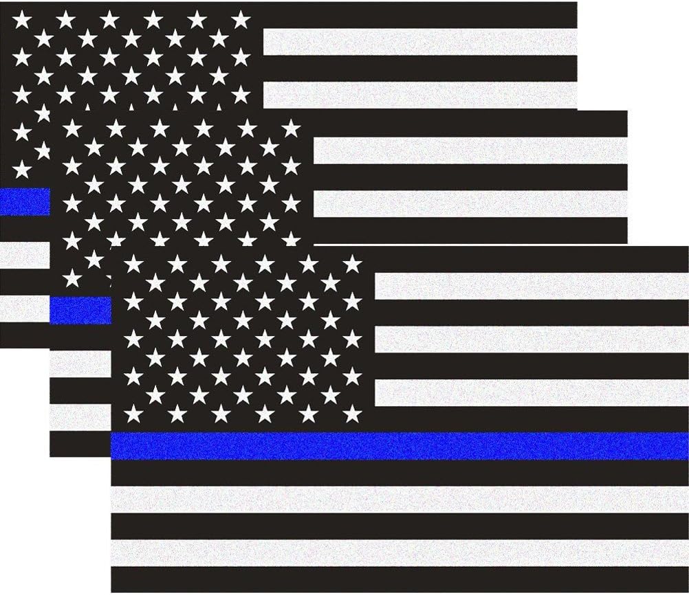 Reflective US Flag Decal Packs with Thin Blue Line for Cars & Trucks, 5 x 3 inch American USA Flag Decal Sticker Honoring Police Law Enforcement Vinyl Window Bumper Tape (3-Pack)