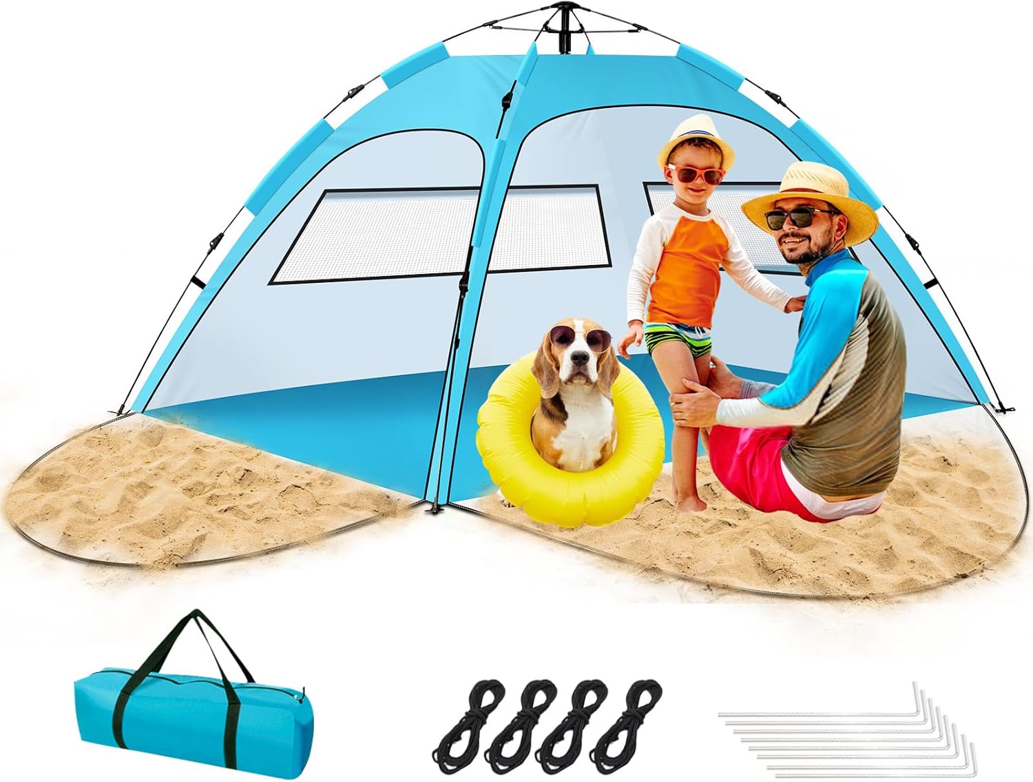 Beach Tent Large 3-4 Person, Pop Up Beach Tents with Two Doors & Two Windows for Adults and Kids, Portable Automatic Instant Sun Shelter Tent UV 50+ UPF50+, Beach Tent Pop Up for Garden Picnic