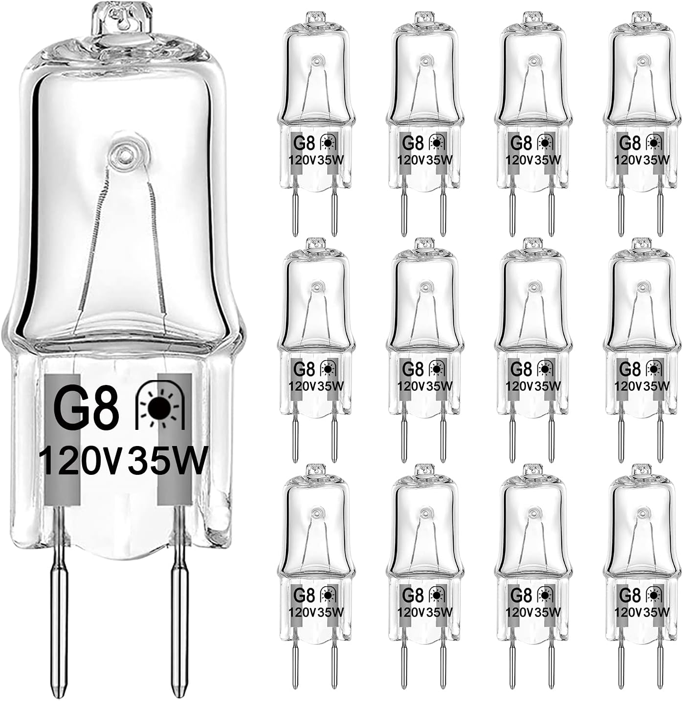 G8 Halogen Light Bulbs 35W 120V Under Cabinet Puck Lighting Replacements, T4 JCD Type G8 Bi-Pin Base, 2700K Warm White, Dimmable, Pack of 12