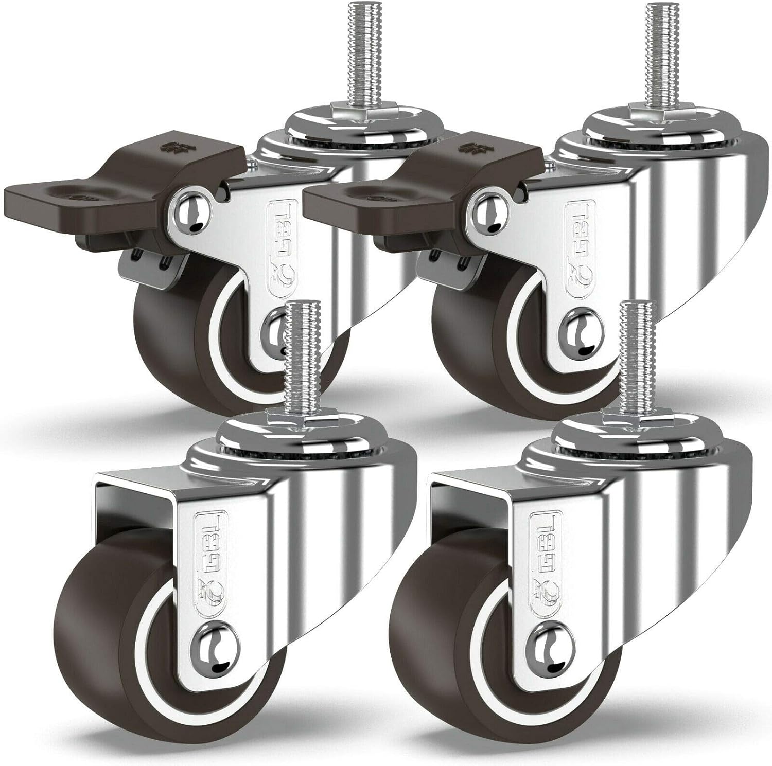 GBL Heavy Duty Castor Wheels with 2 Brakes + Screws - M6 25x15mm Bolt up to 40KG - Pack of 4 No Floor Marks Silent Caster for Furniture - Small Rubbered Trolley Wheels - Silver Castors