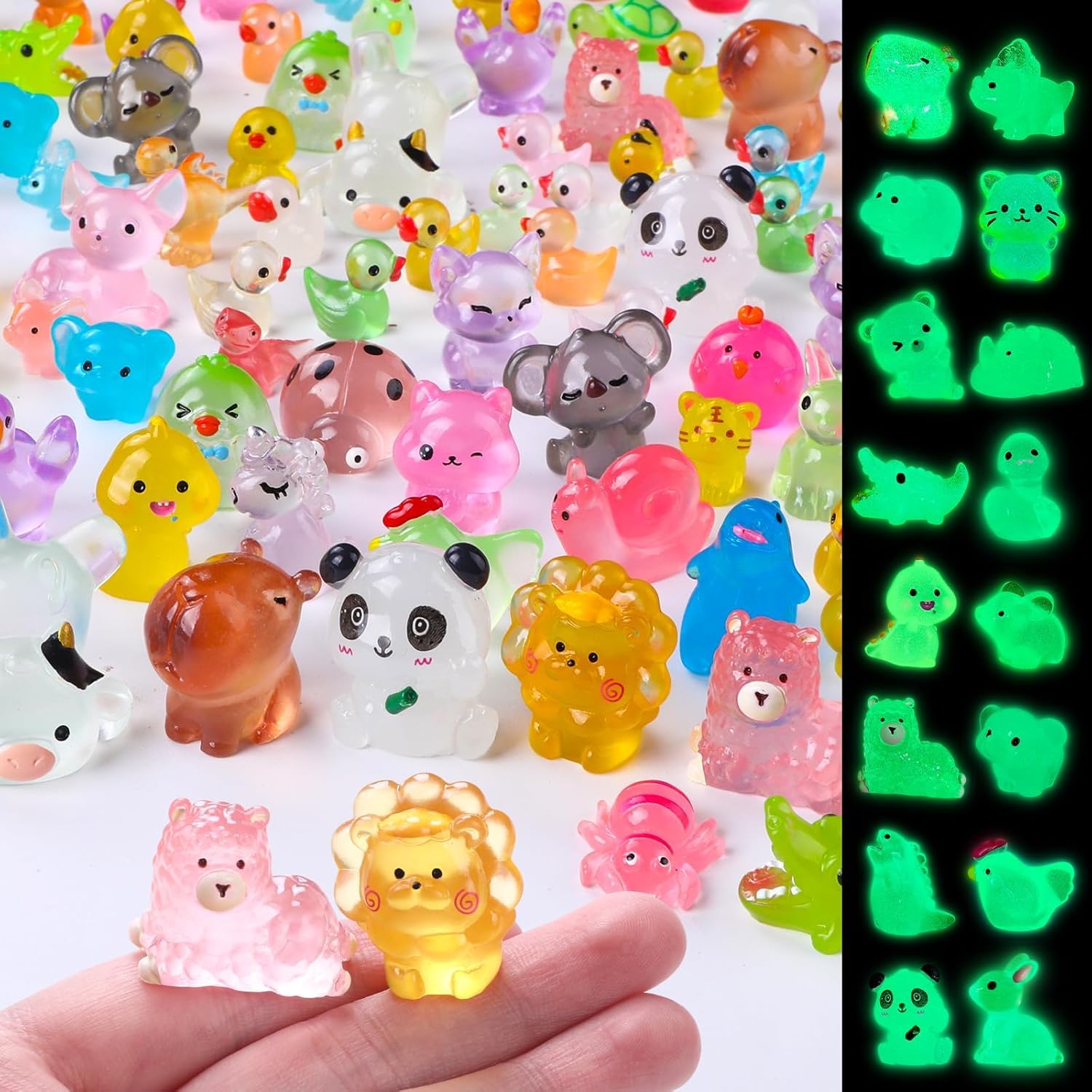 JOLCEEY 60pcs Mini Resin Animals, 60 Styles Tiny Resin Glow In The Dark Animals Miniature Little Small Animal Figures for Micro Fairy Garden Landscape Accessories Dollhouse Hide Crafts Aquarium Decor
