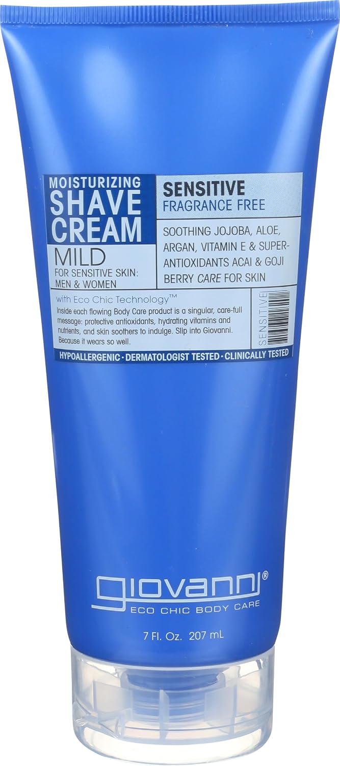 GIOVANNI Moisturizing Shave Cream - Fragrance Free With Soothing Aloe, Jojoba, Argan & Super Antioxidants Acai & Goji Berry, for Men & Women, Sensitive Skin, Hypoallergenic - 7 oz