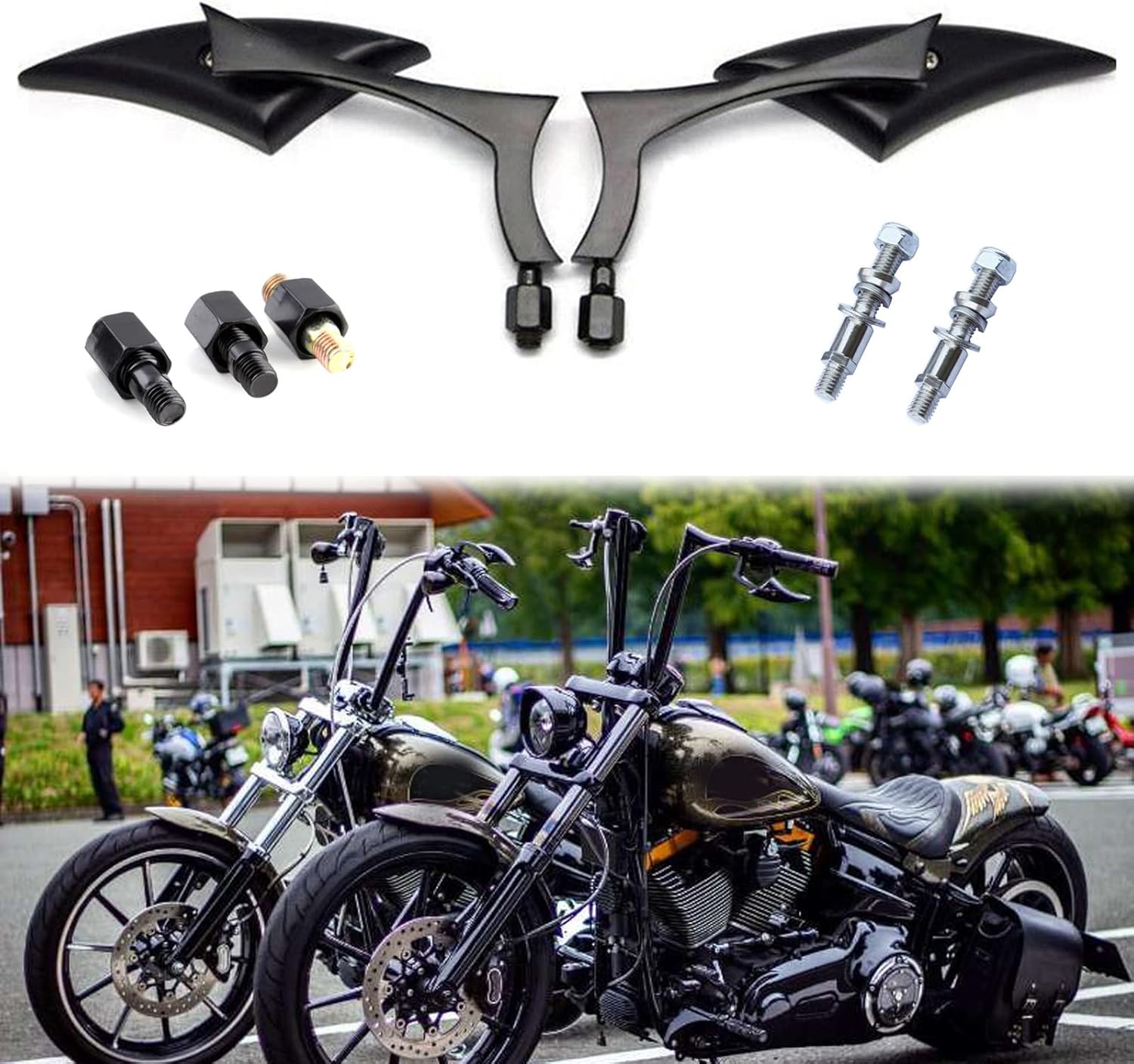 Black Universal Motorcycle Rearview Side Mirrors Compatible with Honda Kawasaki Suzuki Harley Bolt (Black-Harley)