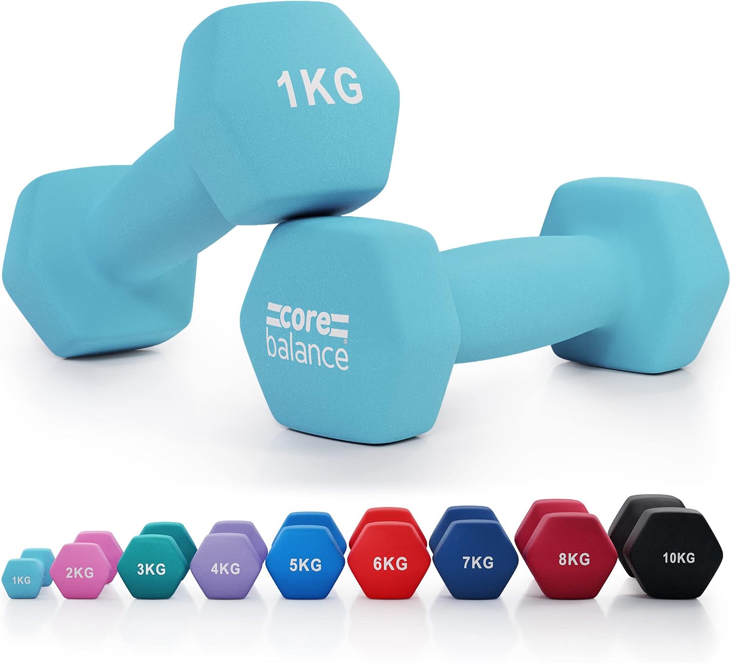Core Balance Hex Dumbbells, 1kg–10kg Pairs, 12kg & 18kg Sets with Rack