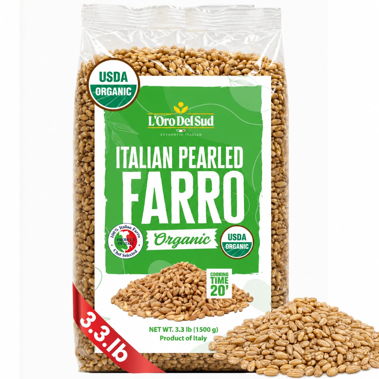 L'Oro Del Sud Organic Pearled Farro Grain 3.3 lb (1.5 kg)