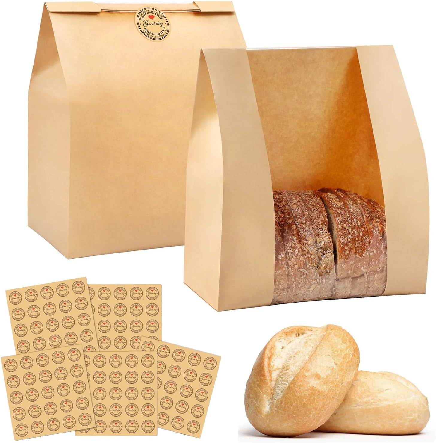 Paper Bread Bags for Homemade Bread, Sourdough Bread Bag with Window & Stickers, Brown Bakery Bags for Storage Bread Cookies & Snacks, Home Baking Packaging Storage,12.6 * 8.3 * 4 Iches (30)